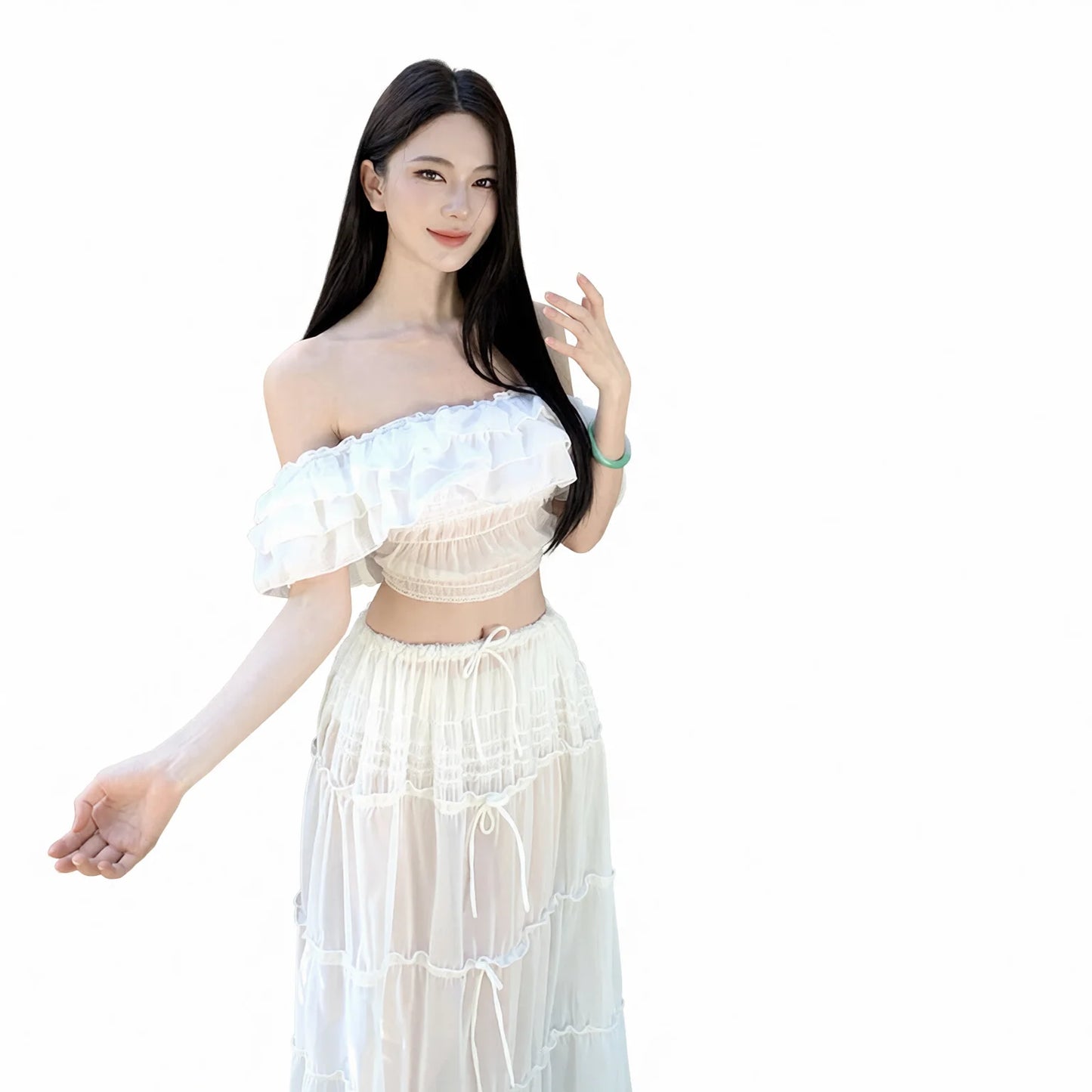 French Style White Skirt Swimwear High Waisted A-Line Mid Length Summer Lingerie
