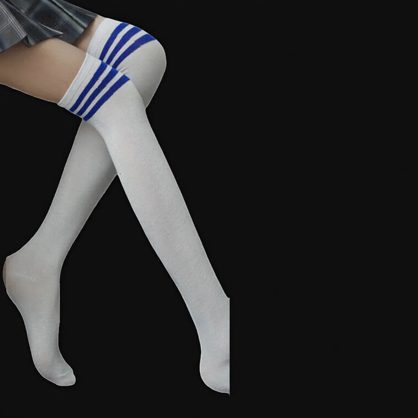 College Girl Thigh High Socks - Striped White Over Knee Student Stockings