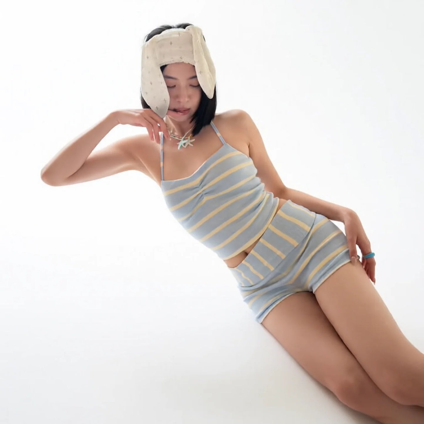 Blue Striped Bikini Set High-Waisted Plunge Halter Strappy Swimwear
