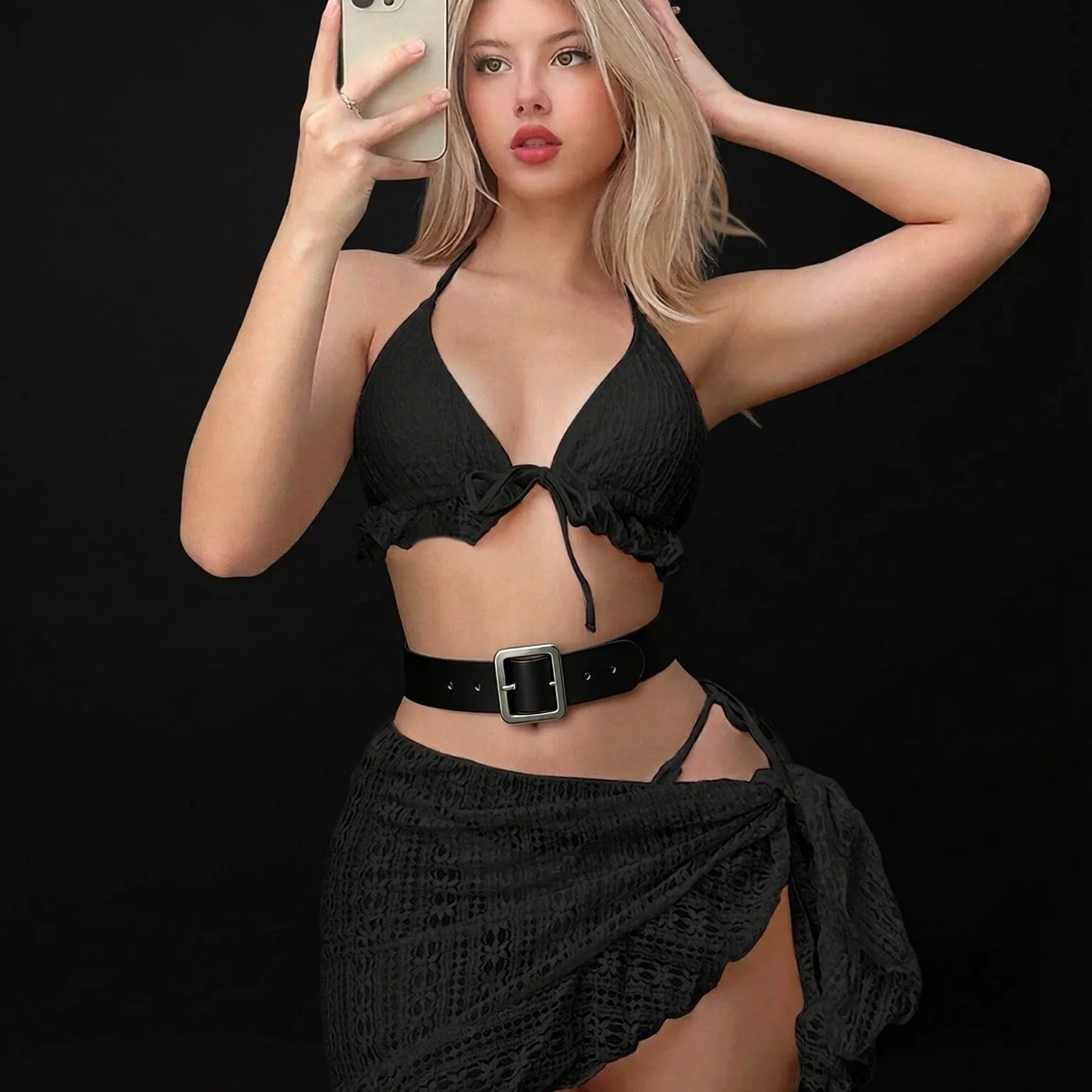 lace halter bikini with belt and strappy bottoms, white and black