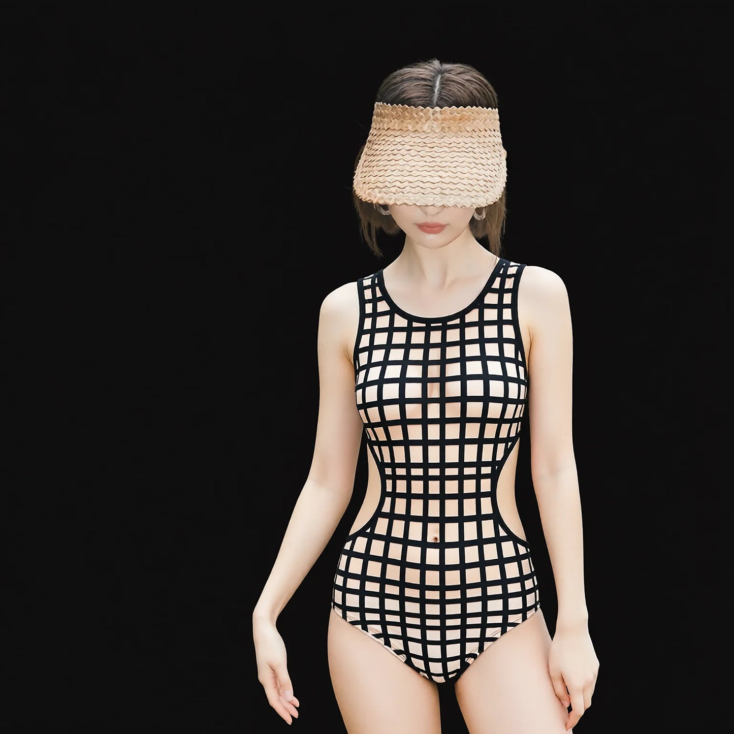 Sleeveless Cut-Out One-Piece Swimwear - Black Grid Print Concealing Slimming Design