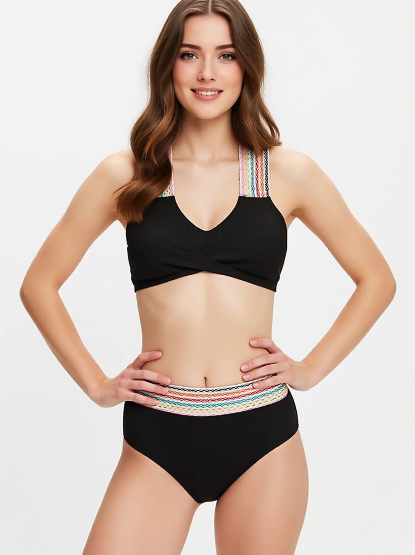 High Waisted Ribbed Bikini Set with Contrast Trim - Sexy Swimwear