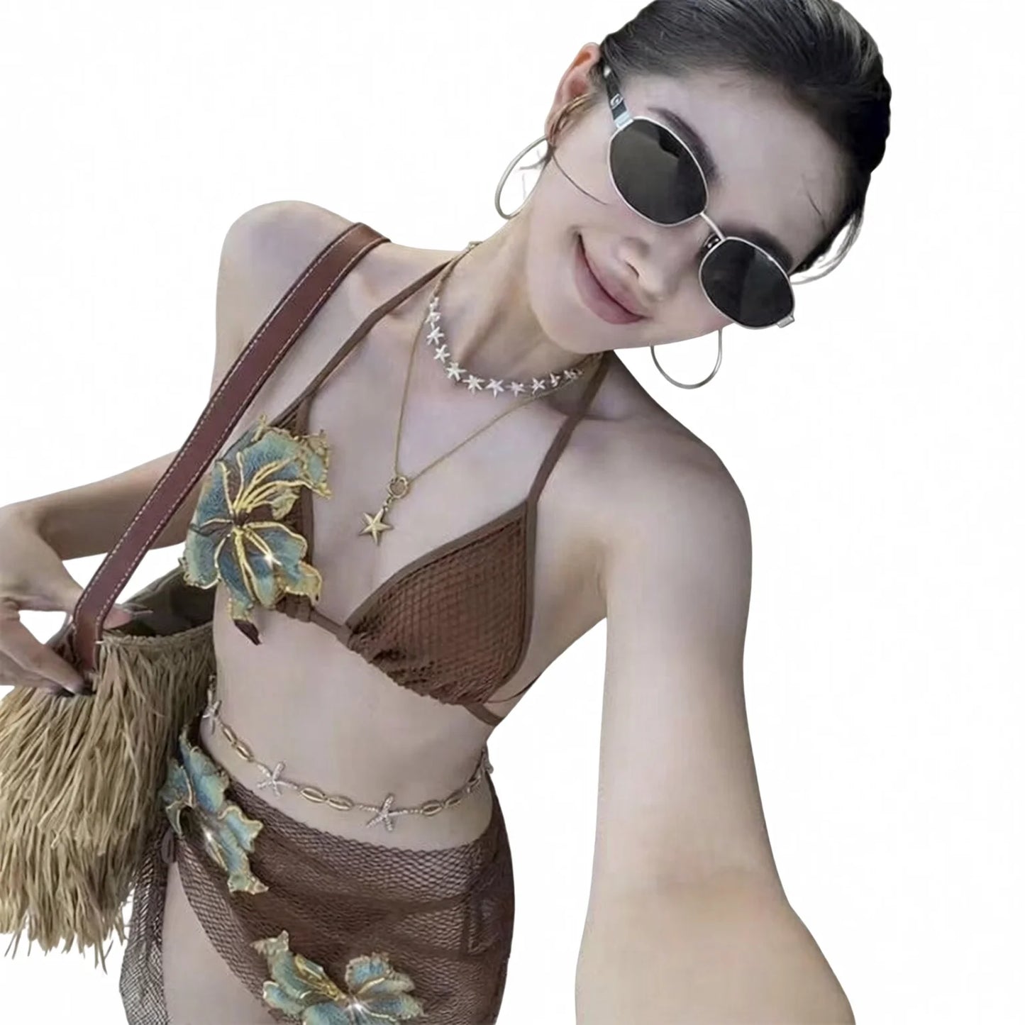 Embroidered Triangle Bikini Set, Mocha Brown High-Contrast Swimwear