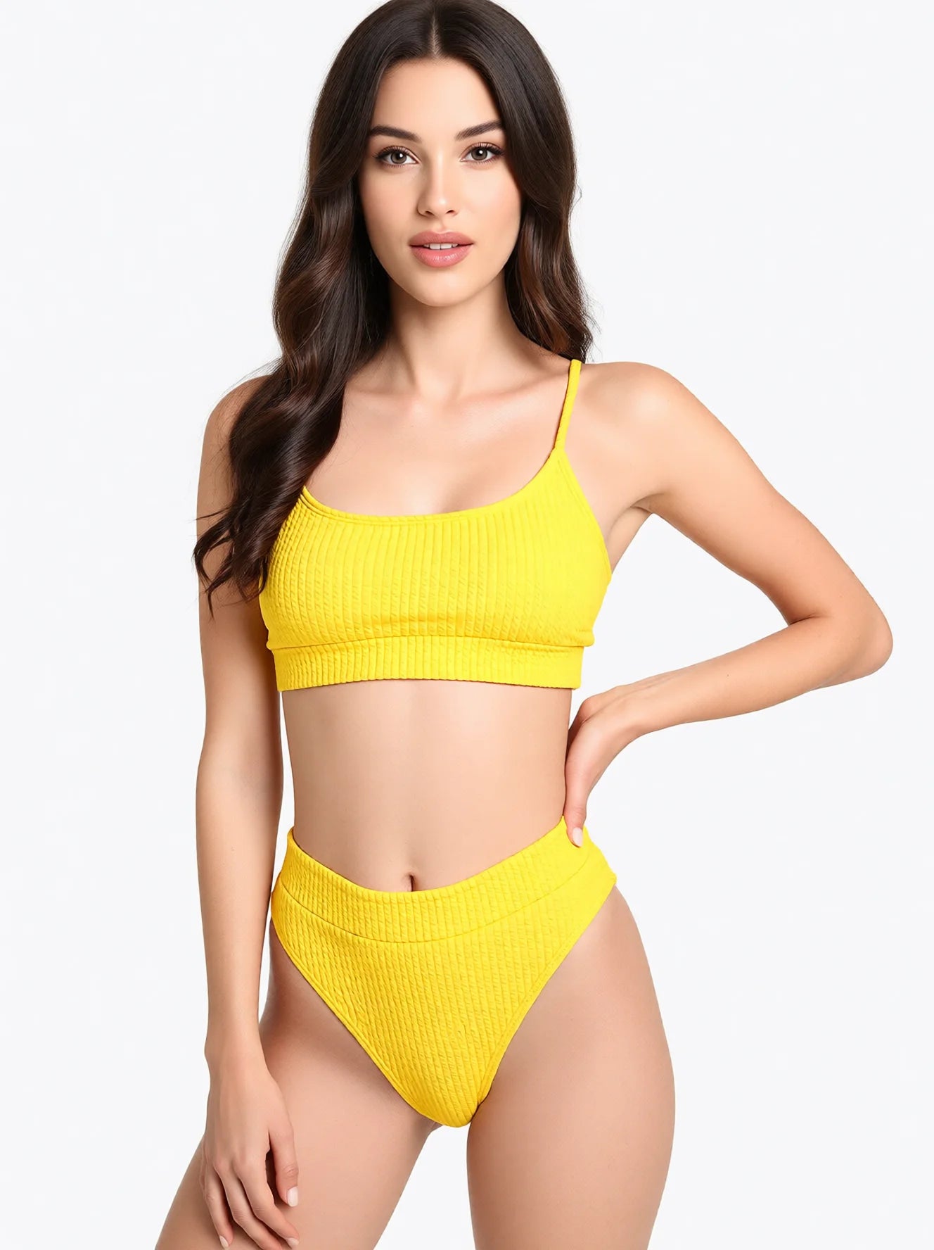 High Waisted Yellow Bikini Set - High Cut Swimwear for Women