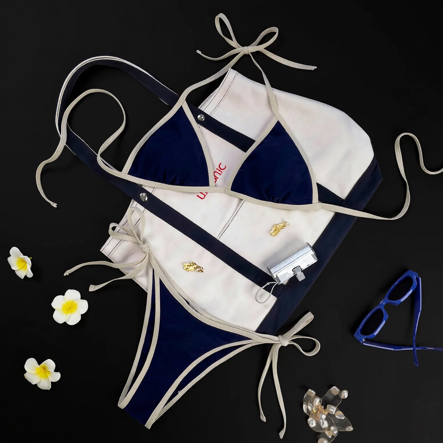 Colourful Tie-Strap Bikini Set with Bold Contrast Piping