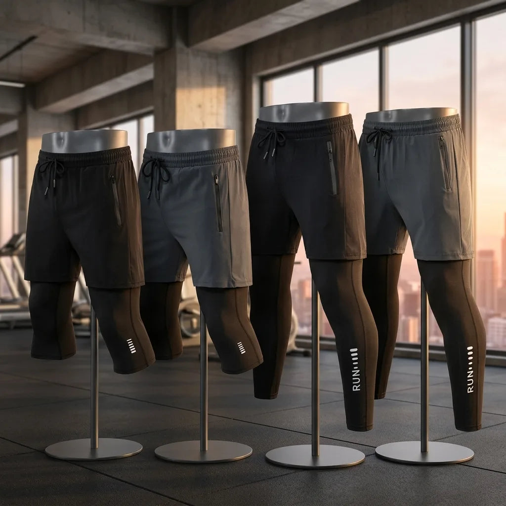 Men's Polyester Fake Two-Piece Compression Running Shorts