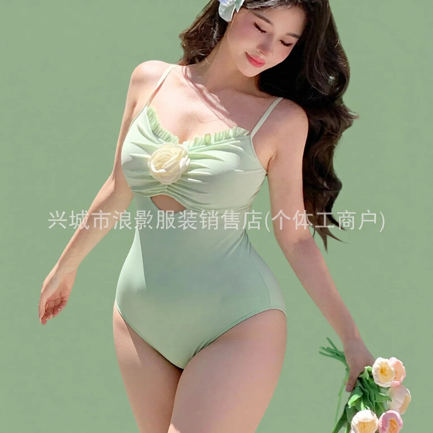 Plus Size Green Swimwear with Detachable Cover-Up Dress