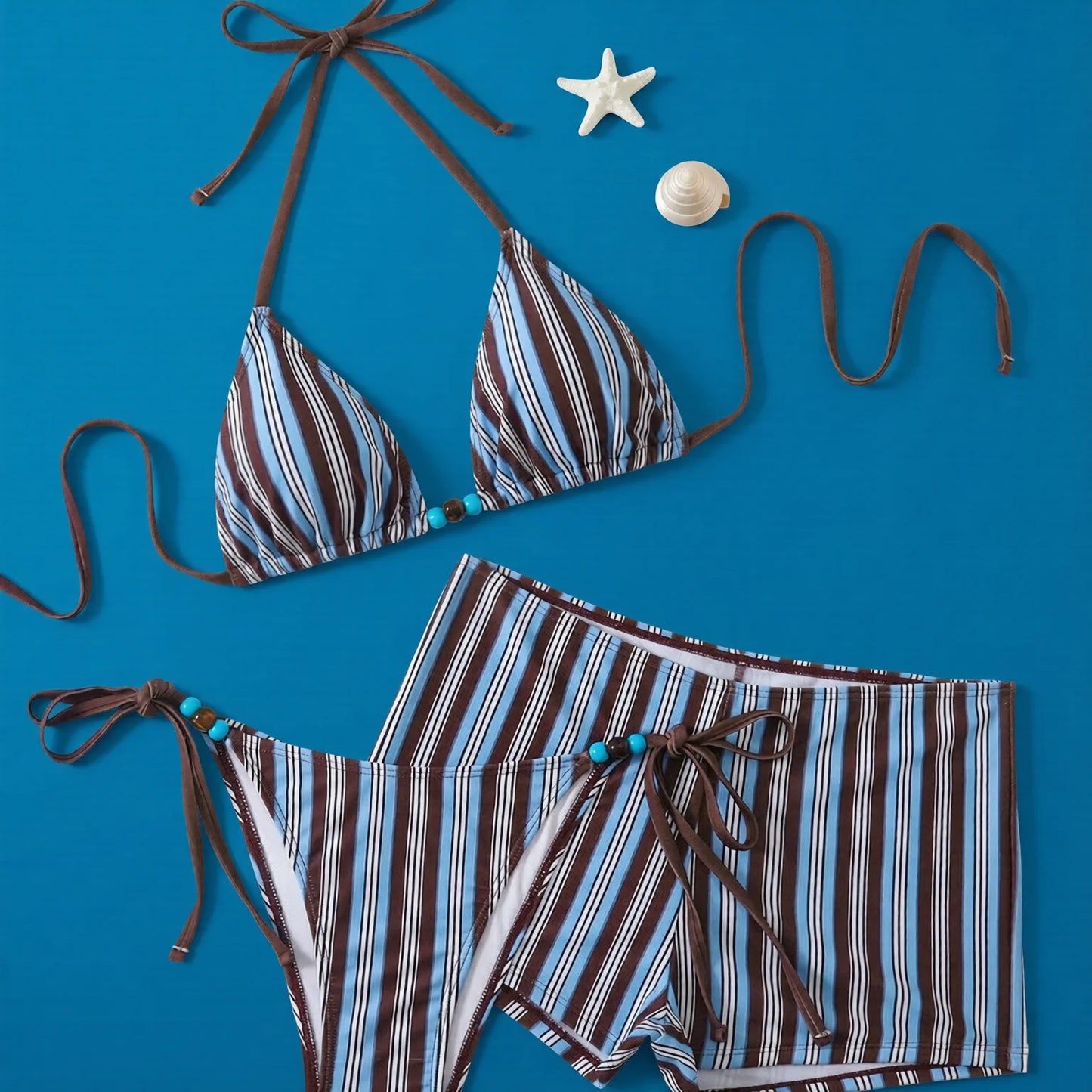Striped Halter Bikini Set with Tie Strings