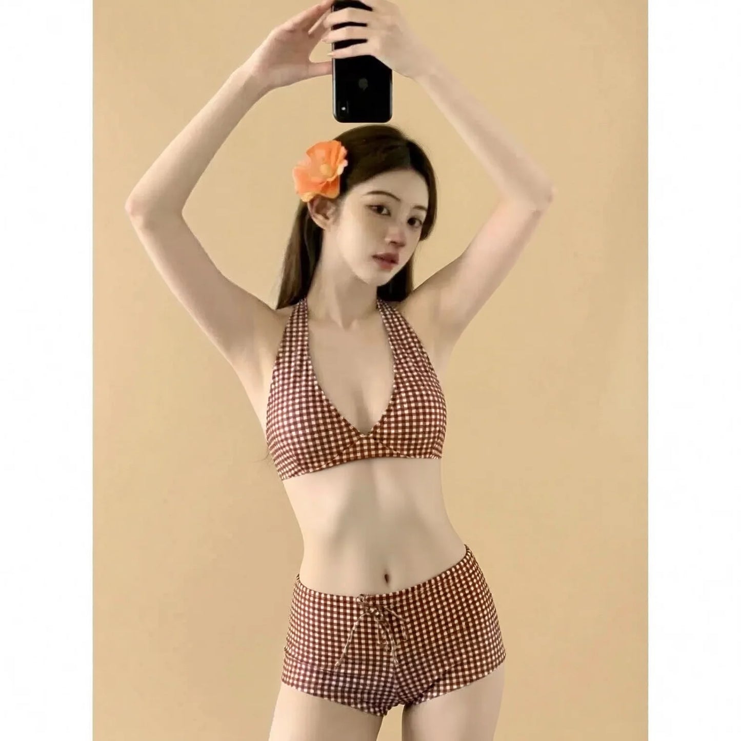 Retro Grid Halter Bikini Set - Tummy Control Swimwear