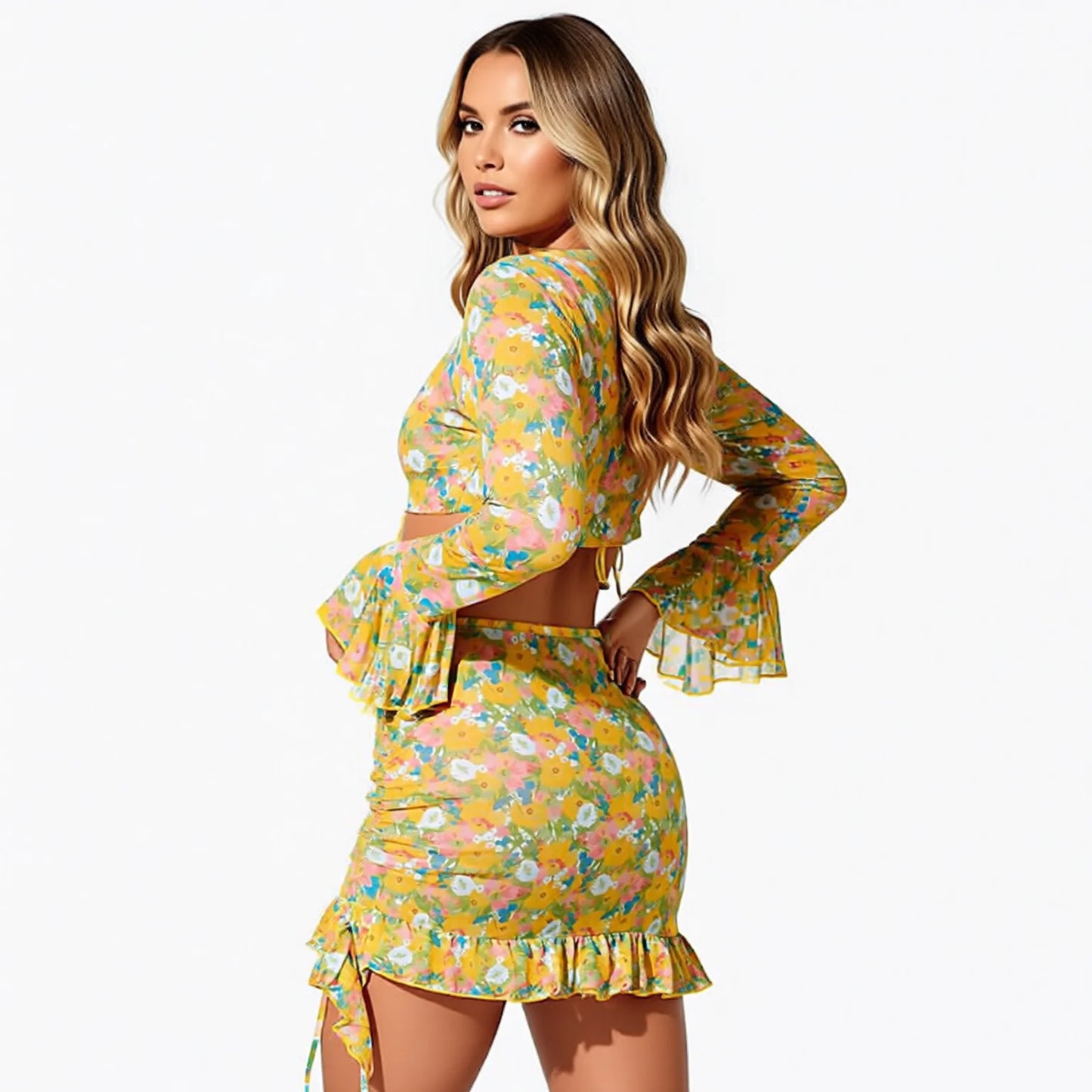 Floral Wrap Bikini Set with Long Sleeve Cover Up Skirt