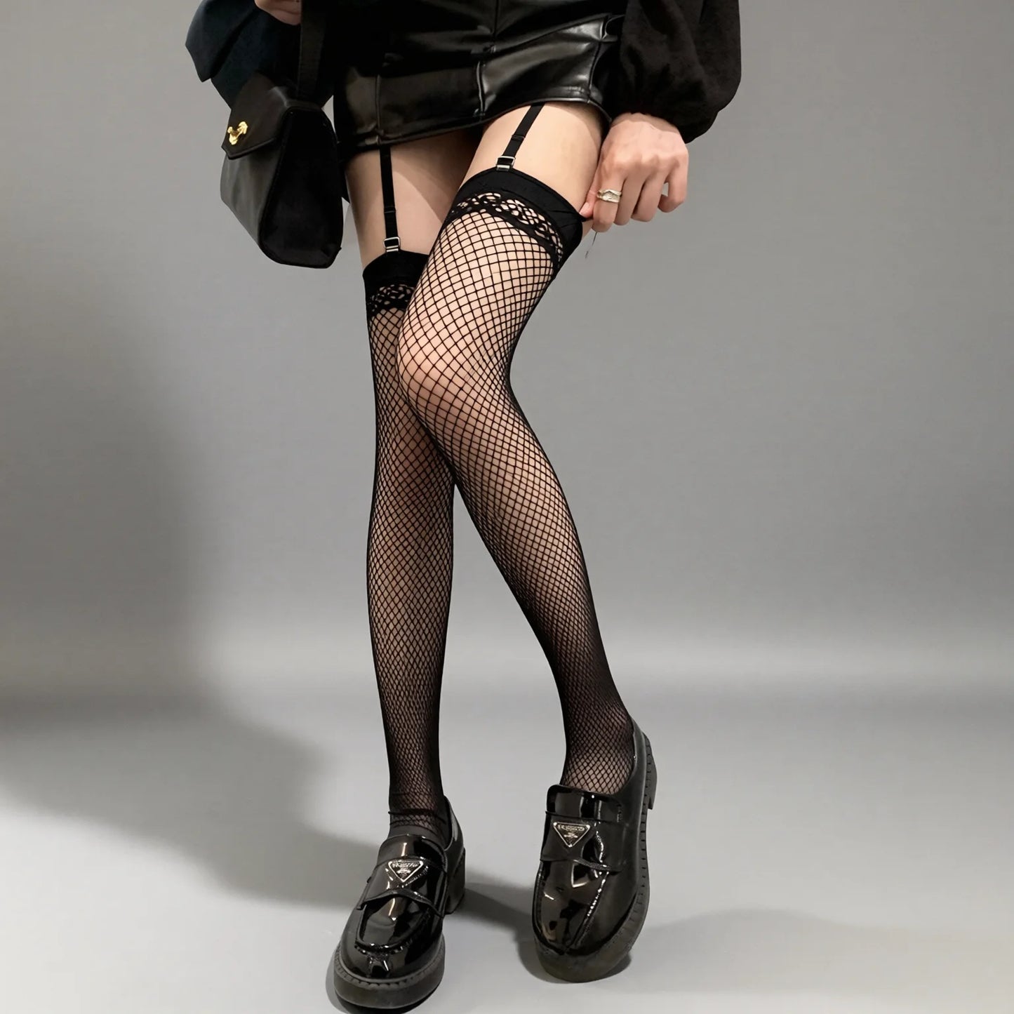 Sexy Black Fishnet Open-Crotch Suspender Stockings