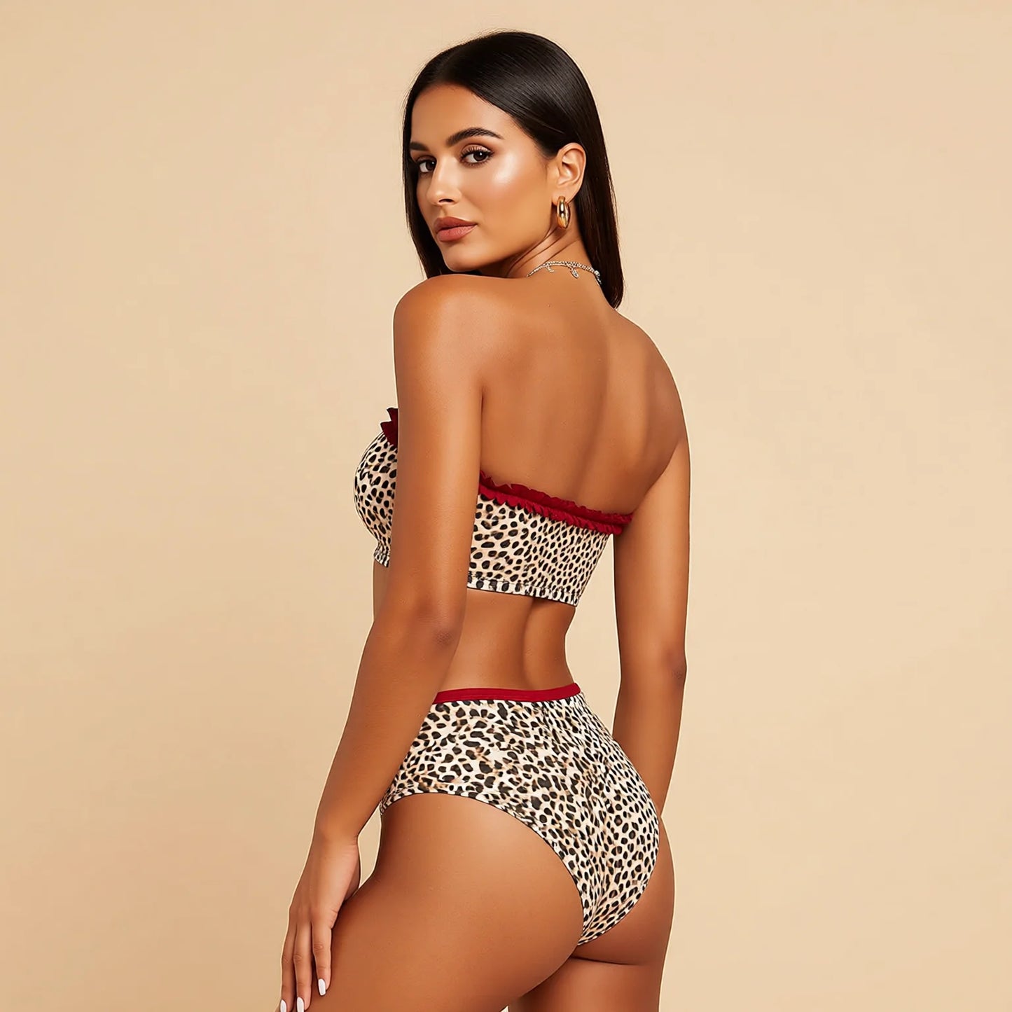 Leopard Print Ruffle Trim Strappy Bandeau Bikini High Waist Tummy Control