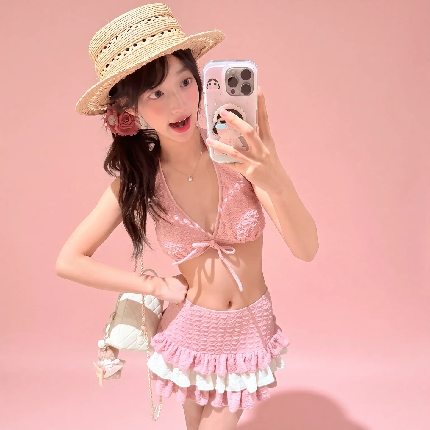 Pink Halter Neck Two-Piece Bikini with Ruffle Egg-Cake Skirt and Slimming Belly Coverage