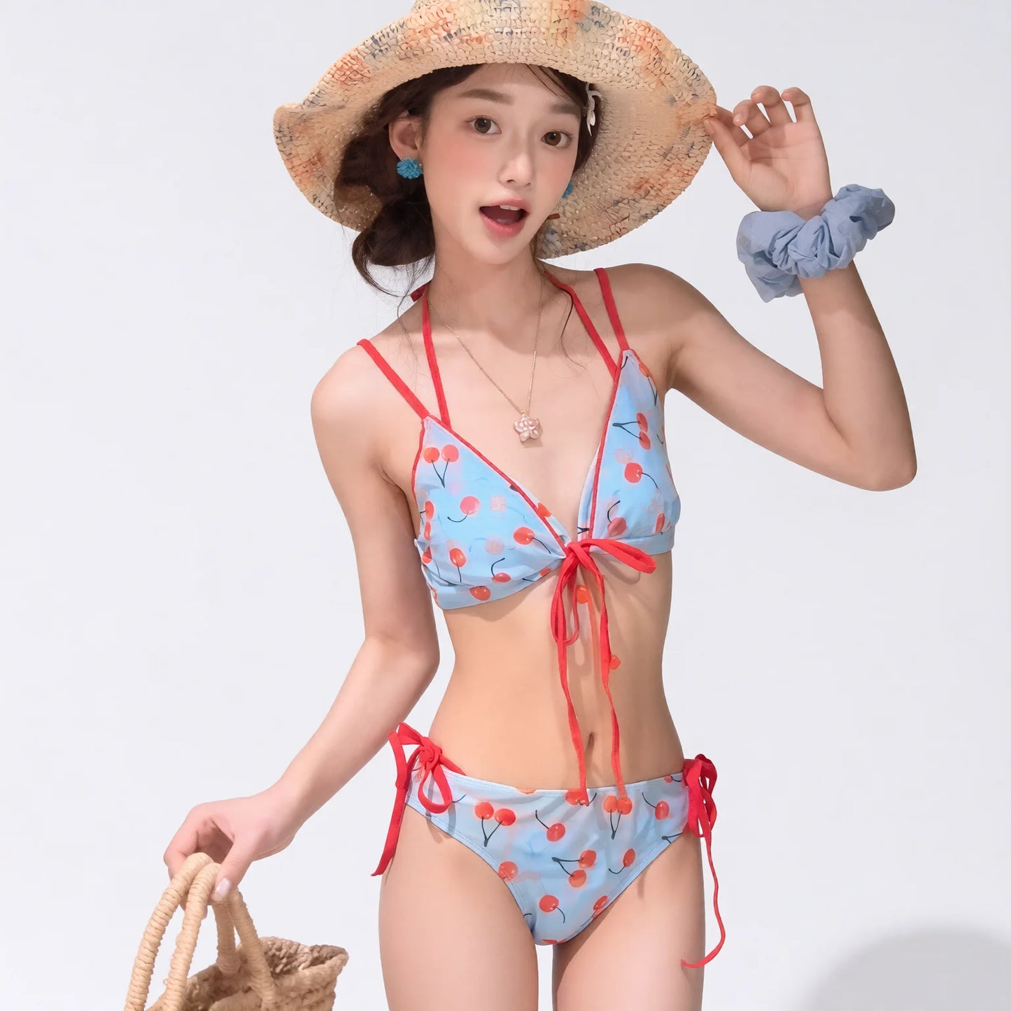 Cherry Four-Piece Bikini Set with Cherry Straps - Conservative Swimwear