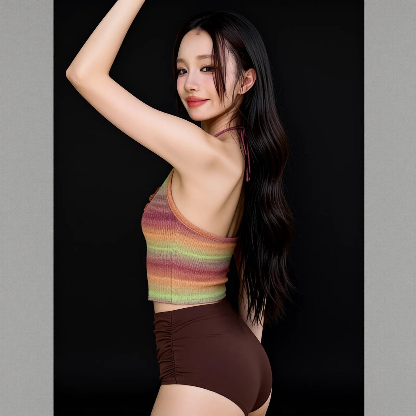 Korean Style Colorful High-Waisted Triangle Bikini with Retro Ties