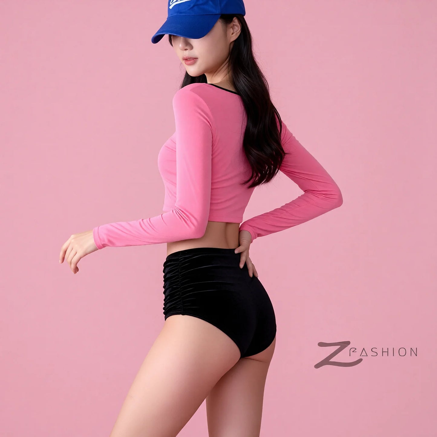 Korean Style Two-Piece Color-Block Swimwear High-Waisted Long Sleeve Simple Slimming Fashion