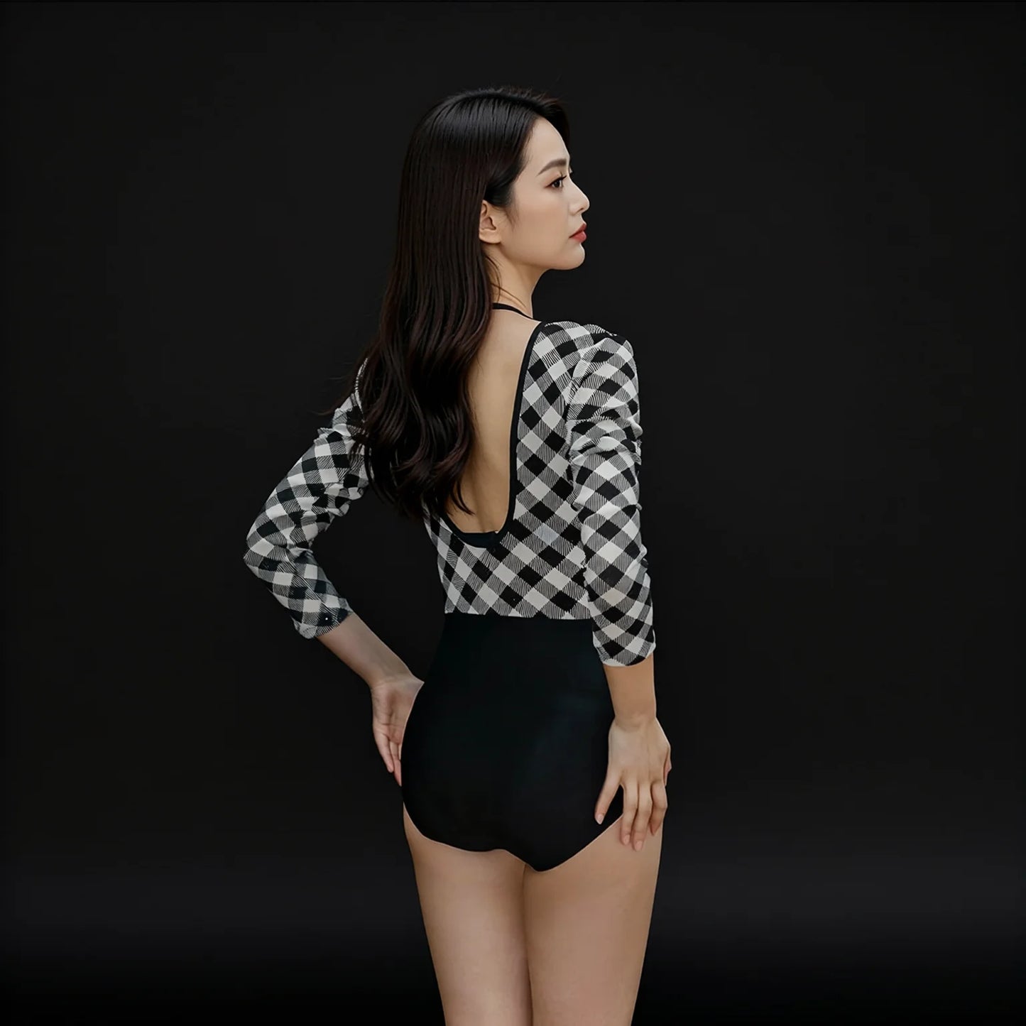 Sleeveless Cut-Out One-Piece Swimwear - Black Grid Print Concealing Slimming Design