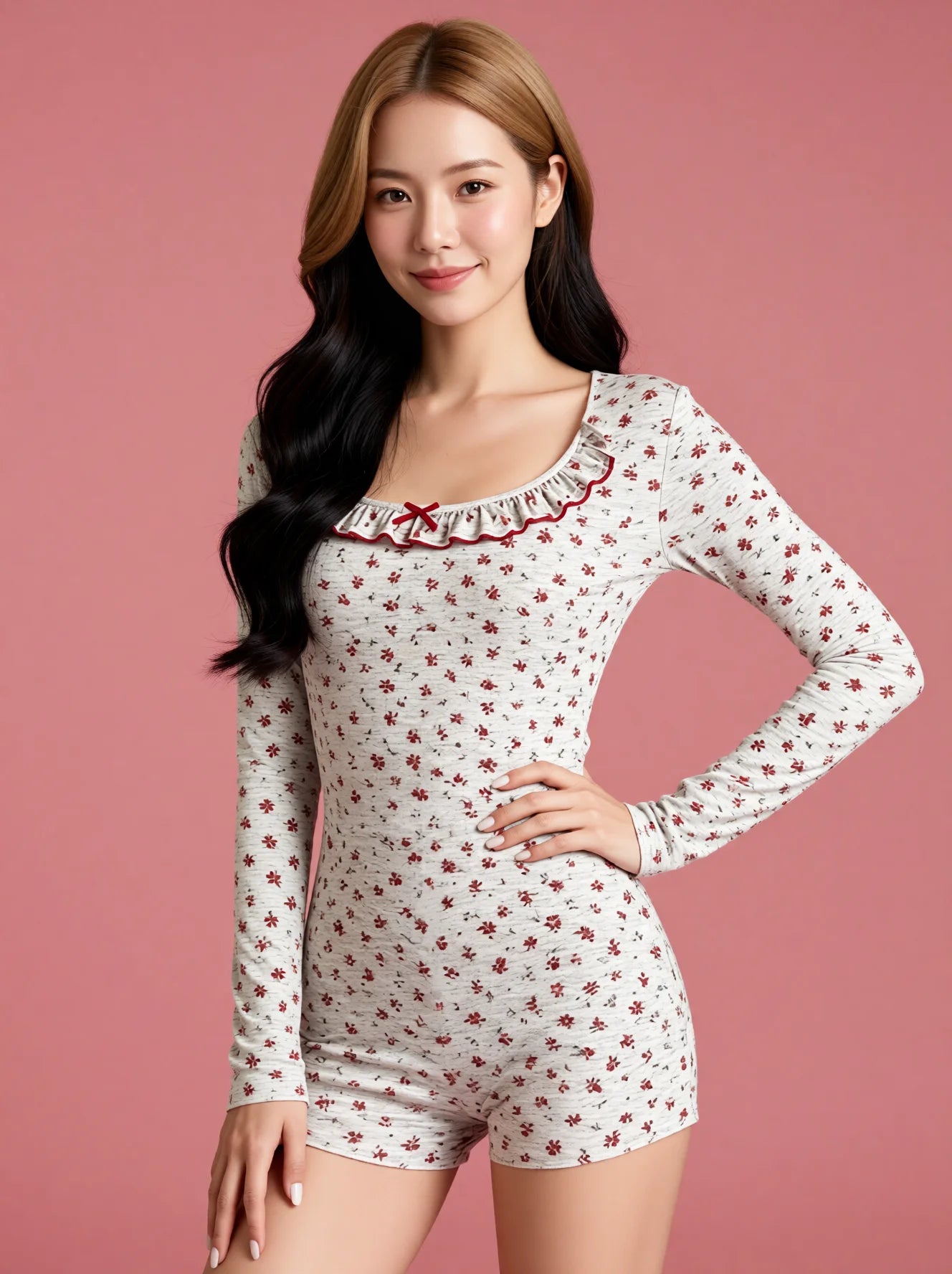 Floral Long Sleeve Romper - Cozy Floral Print Loungewear Onesie