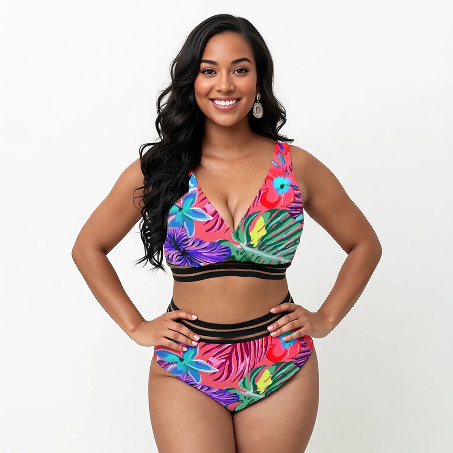 Plus Size High Waisted Leaf Print Bikini Set - Tropical Two Piece Swimwear