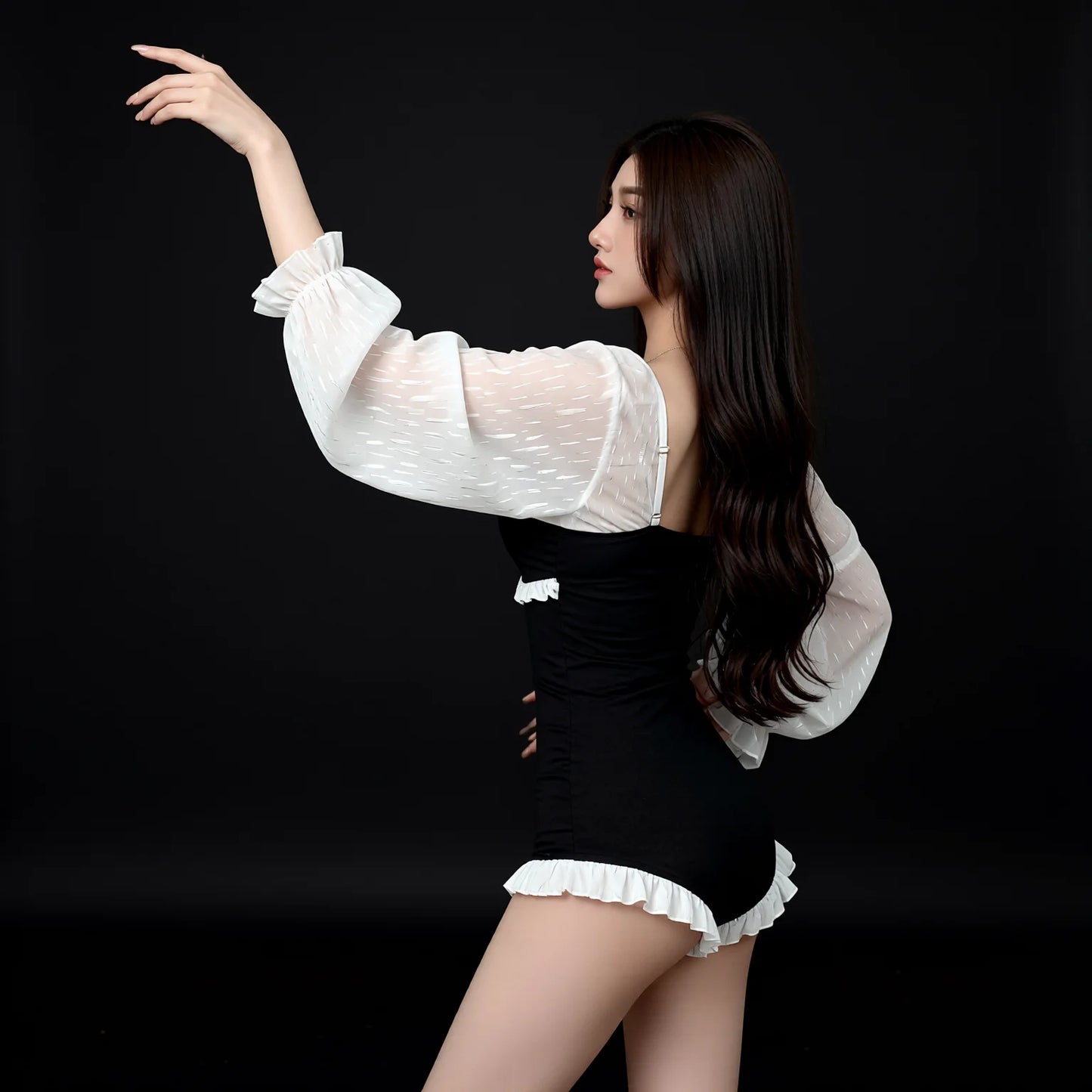 Sheer Long Sleeve One Piece Swimsuit with Cutout Waistband - Conservative Cut Tummy Control