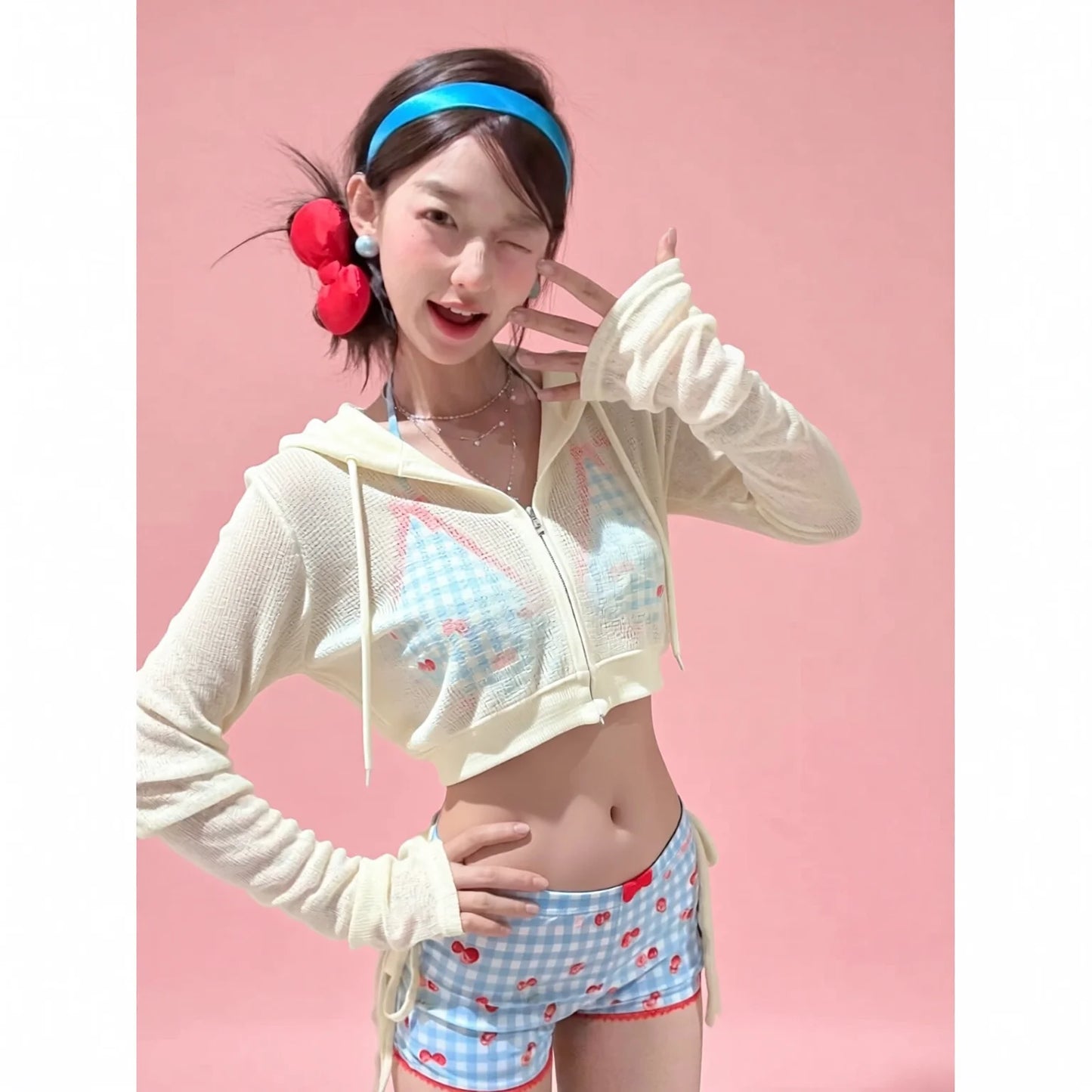 Cherry Y2K Sweet Spice Triangle Bikini Set with Drawstring Hoodie and Protective Cover-Up