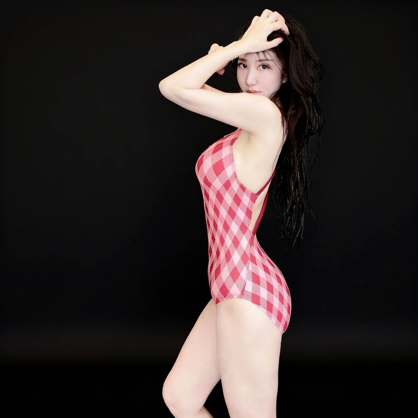 Red Gingham One Piece Swimsuit - High-Waisted Competitive Swimwear with Cross Back Straps