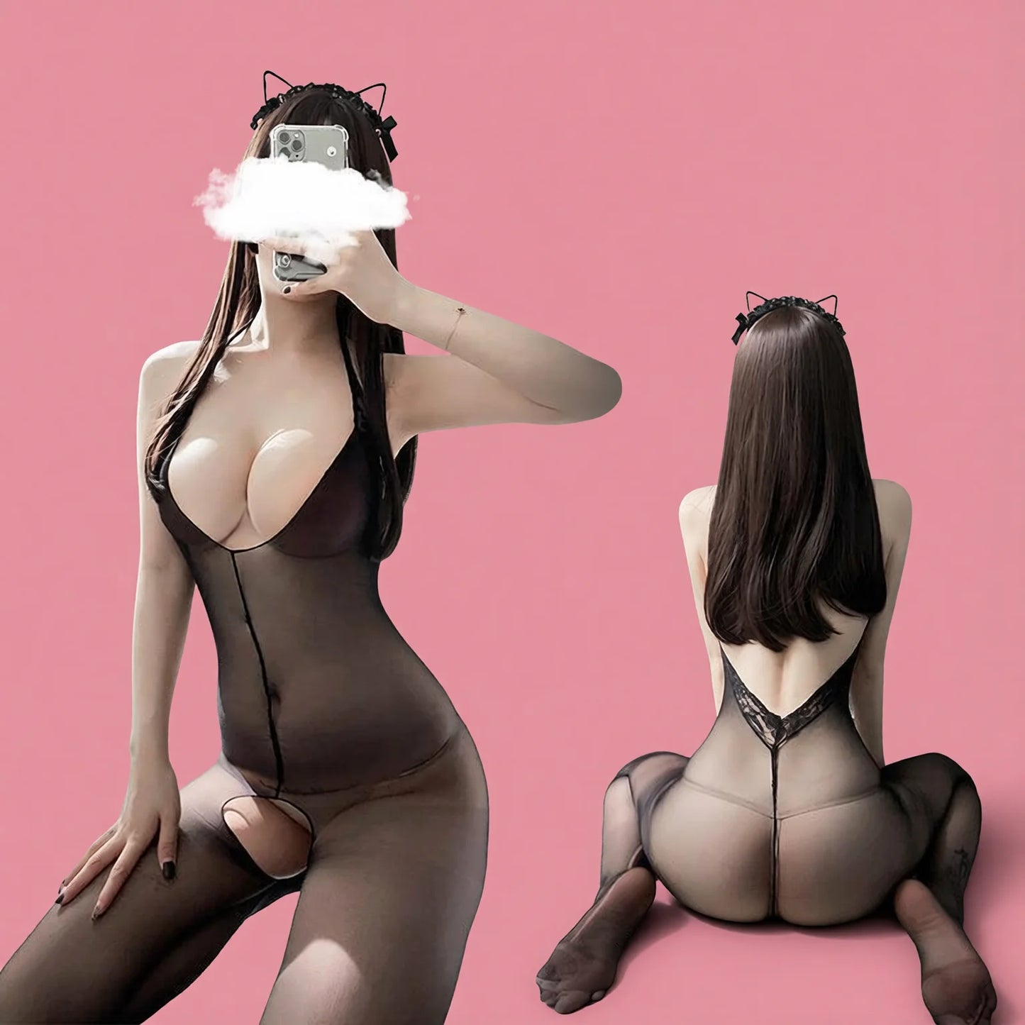 Transparent Fishnet Open Crotch Lingerie Set with Matching Stockings