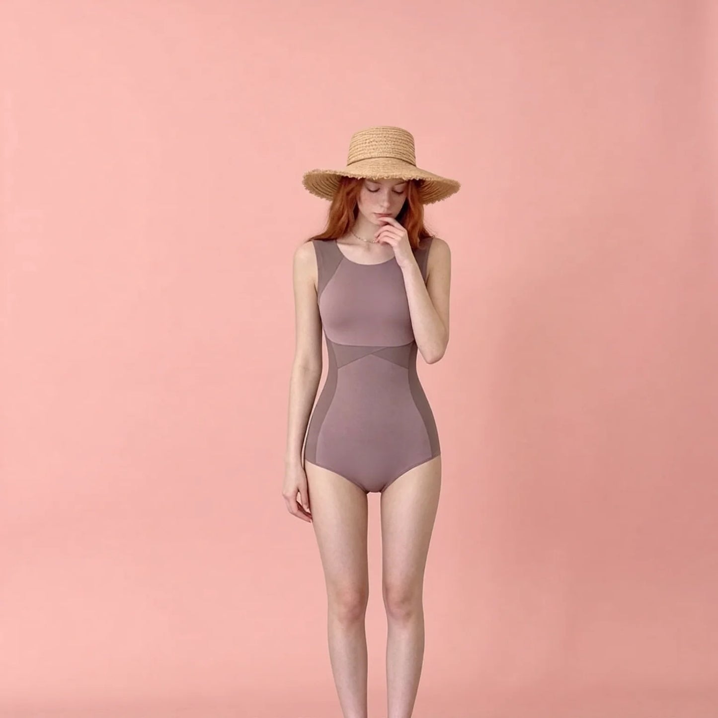 High-Sense One-Piece Swimsuit with Seam Detail - Brown