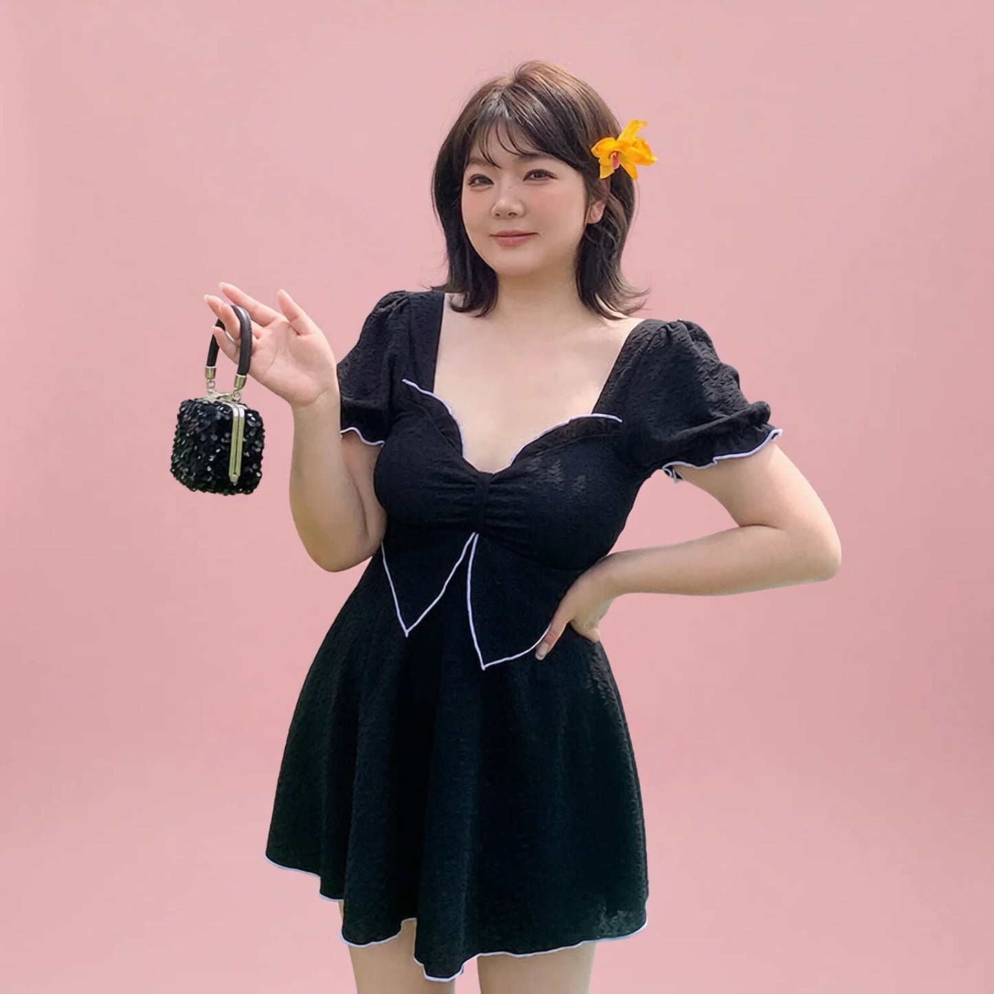 Black Plunge Neck Flounce Trim Skirt Swim Dress