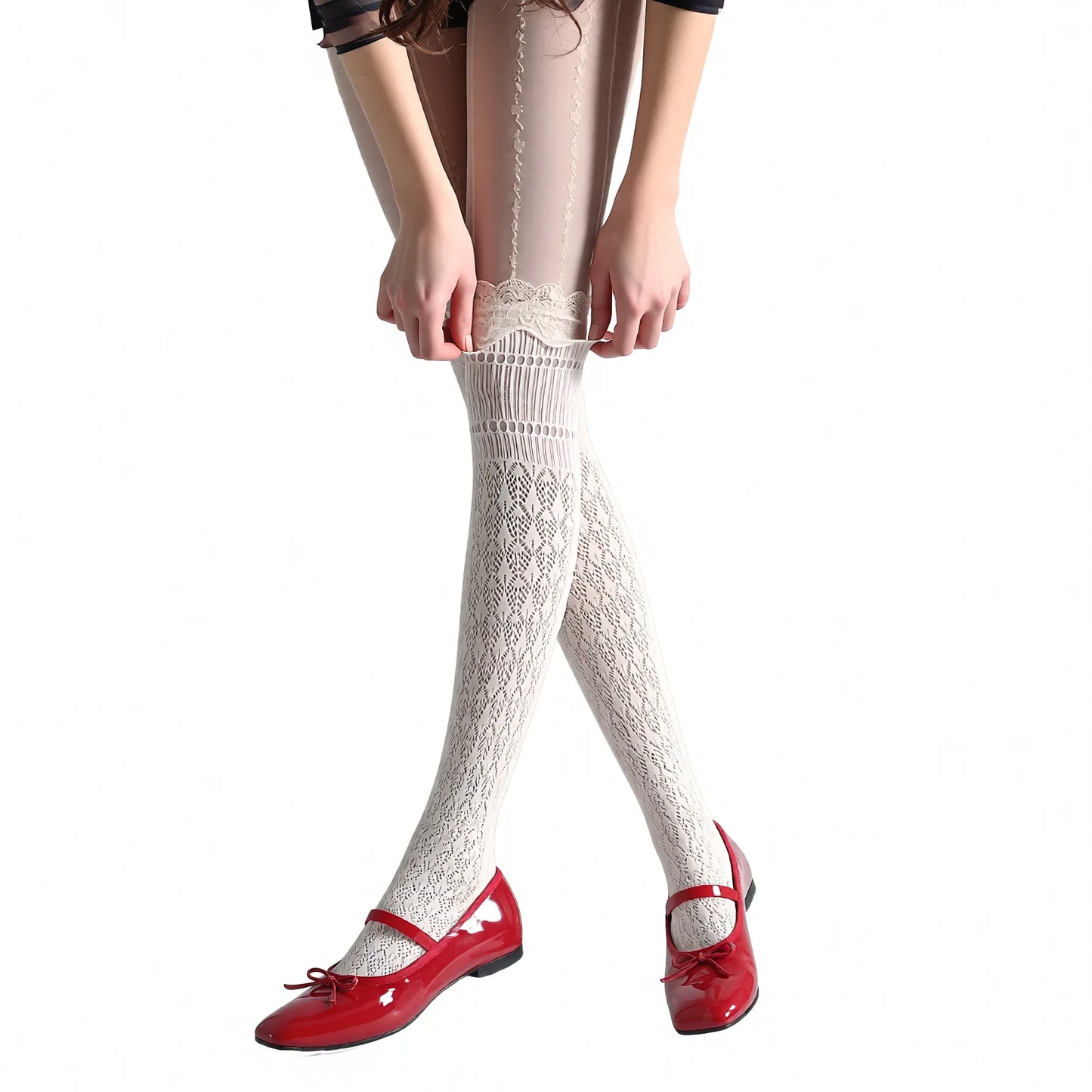 Lace Trim Diamond Pattern Over-the-Knee Socks for Women