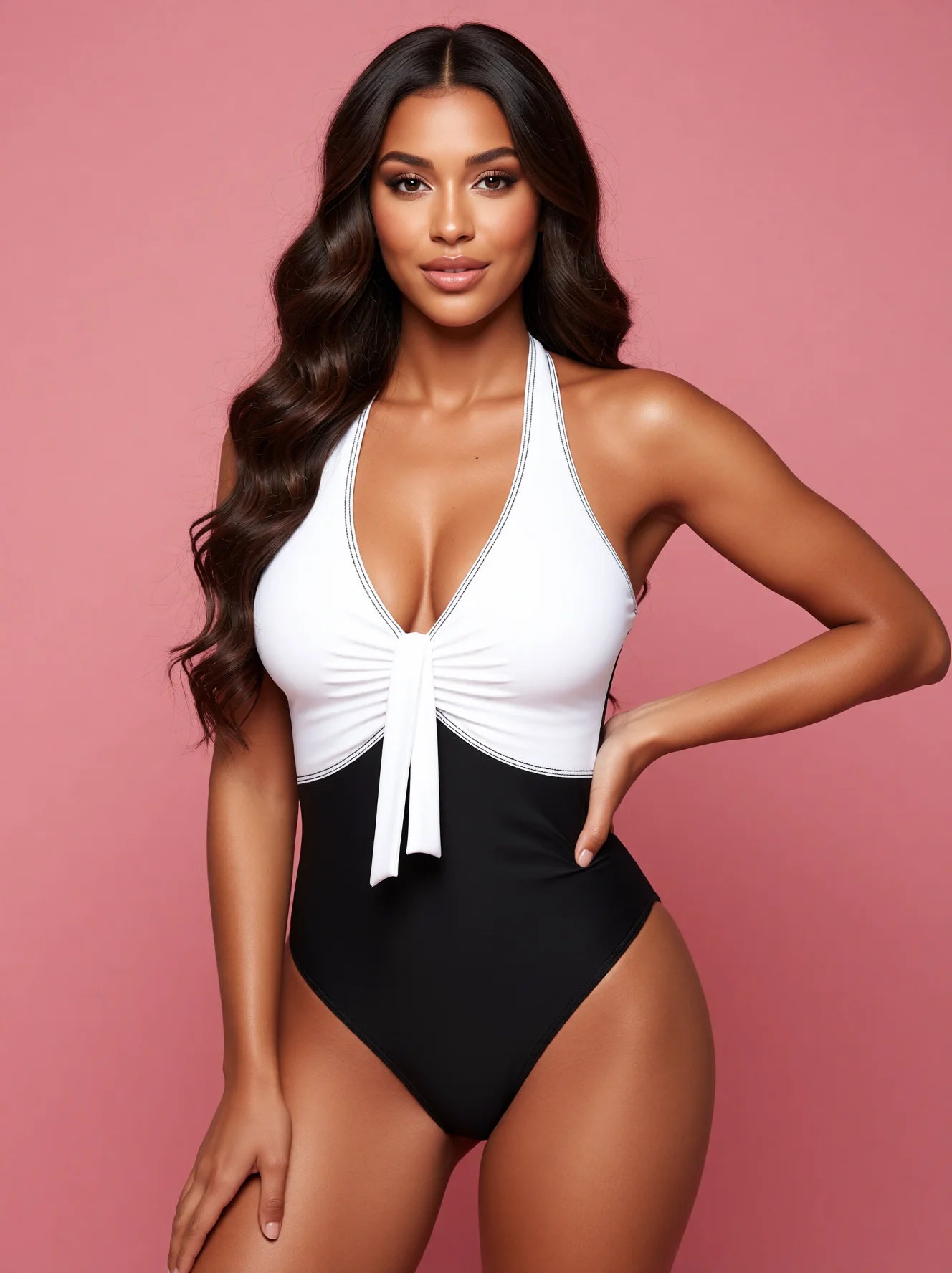 Black One Piece Swimsuit with Bow Detail - Wire-Free Luxury Swimwear