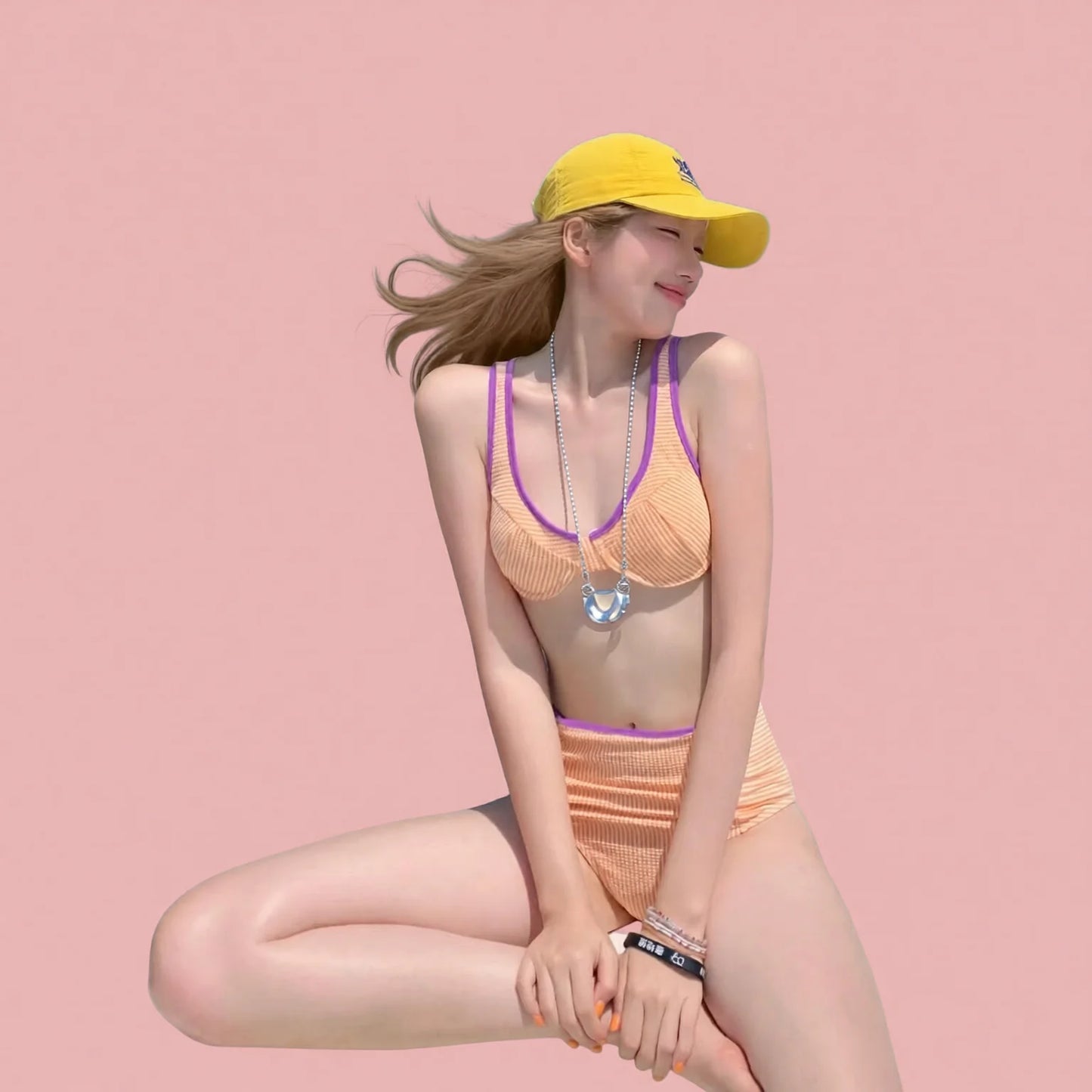 Retro High-Waisted Striped Bikini with Steel-Tone Cups and Soft Pads