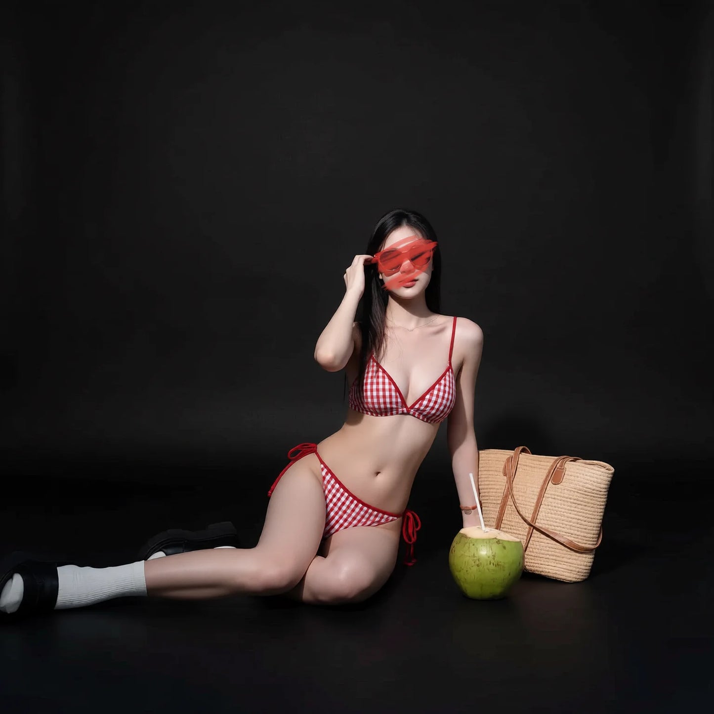 Conservative Four-Piece Suspender Bikini Set with Skirt