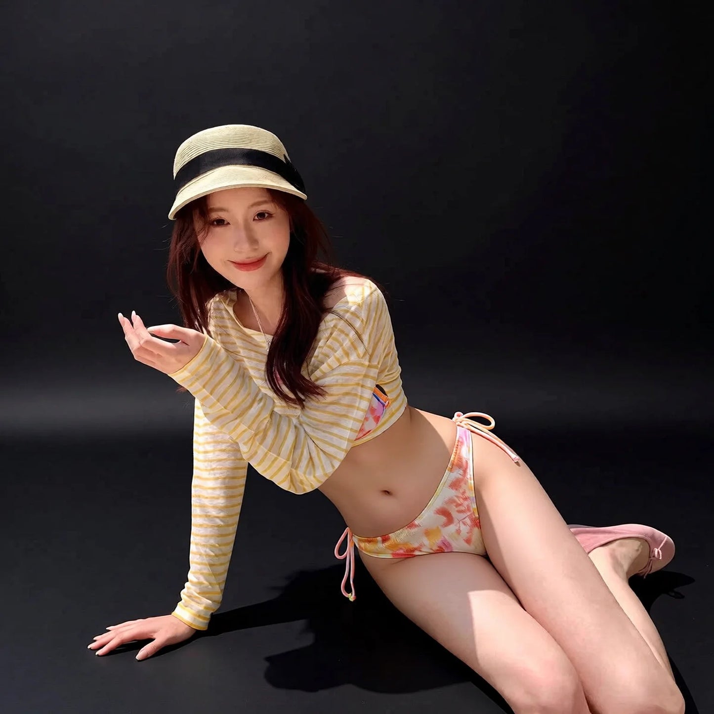 Multi-piece bikini set with long sleeve cover-up skirt for summer beach holiday