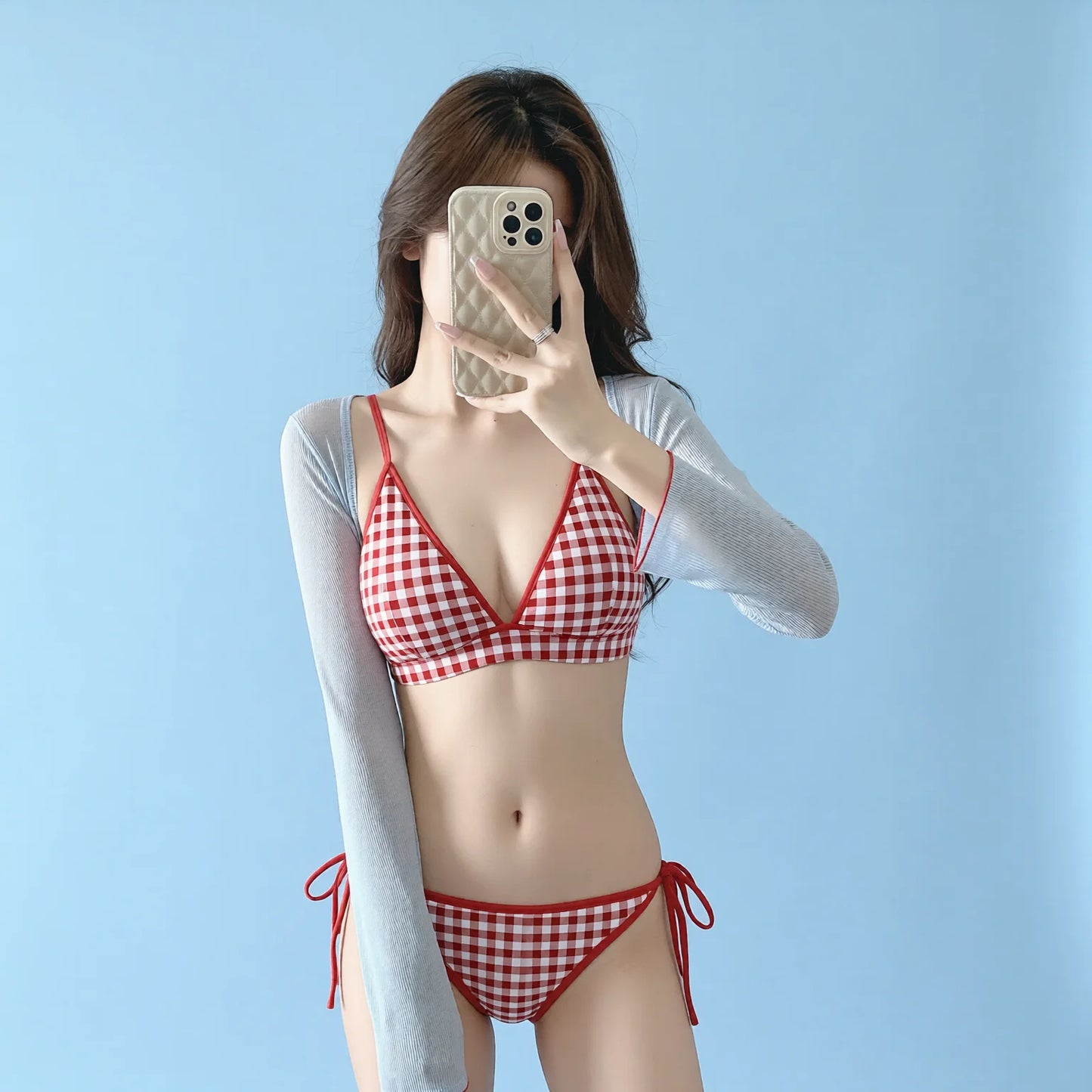 Long Sleeve Swimwear Set - Plaid Bikini & Off-Shoulder Cover-Up