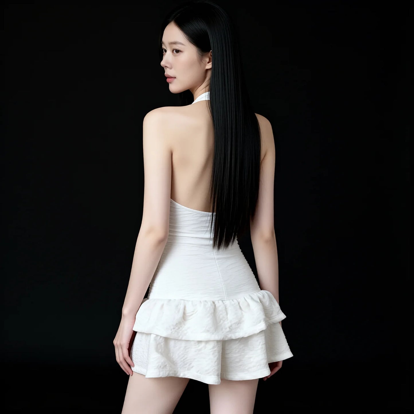 conservative white swimsuit with halter neck and skirt bottom