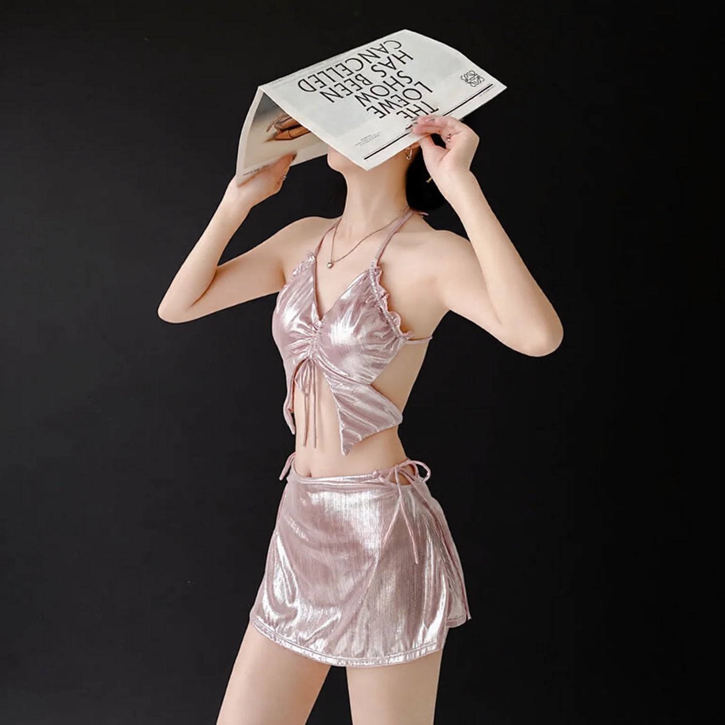 metallic halter bikini set with ruched skirt