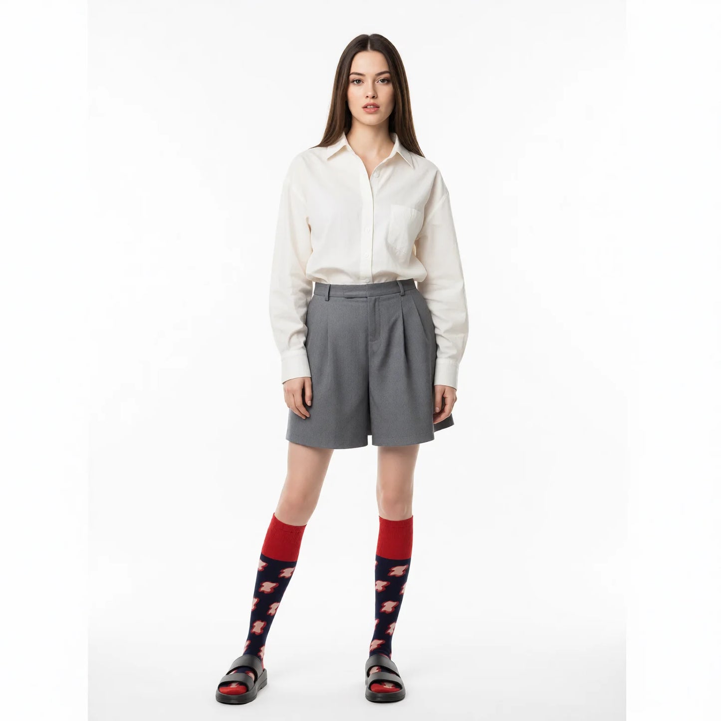 Floral Sheer Knee High Socks for Women - Navy & Pink Lace Cotton
