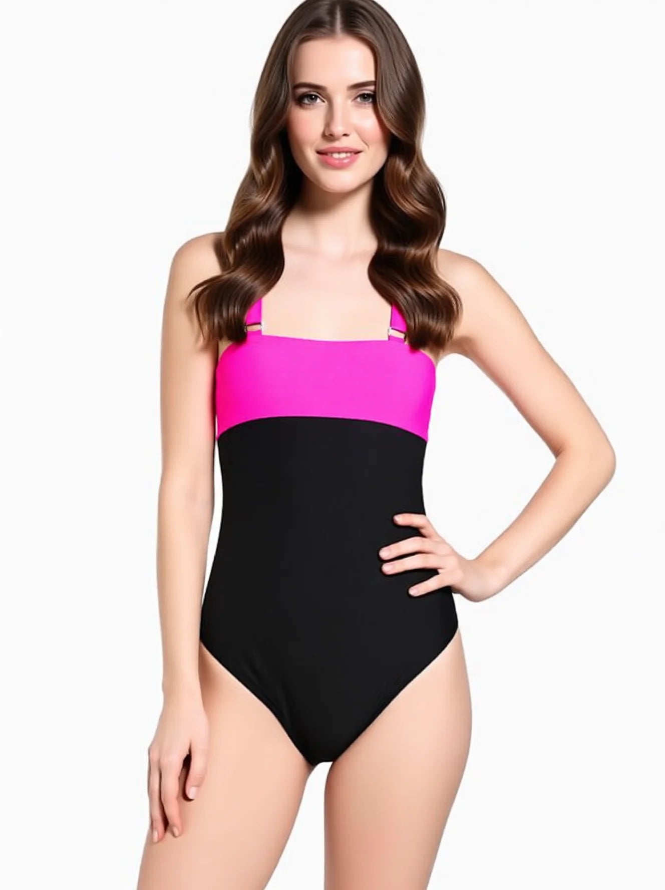 Black Purple Contrast V-Neck Tummy Control One Piece Swimsuit