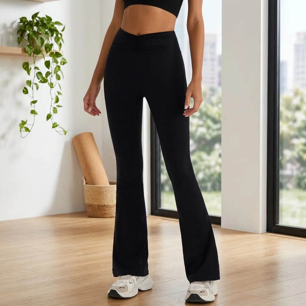 High-Waist Ruched Micro-Flare Yoga Pants Bare-Feel Nylon Spandex
