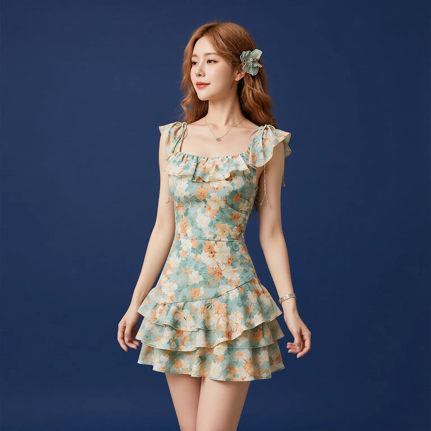 Floral One Piece Swimsuit with Ruffle Trim & Multi-Layer Skirt