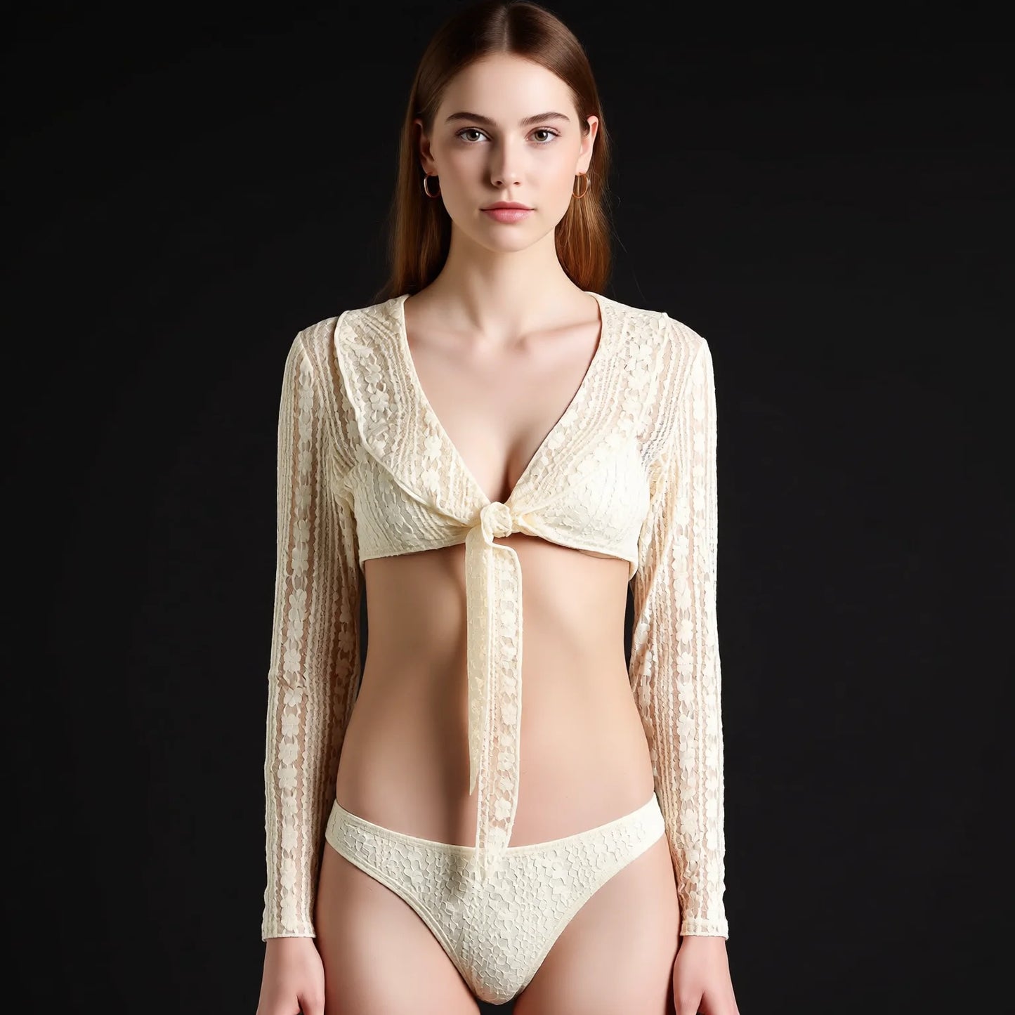 Ivory white crochet knit two-piece bikini set with sheer long-sleeve cover-up