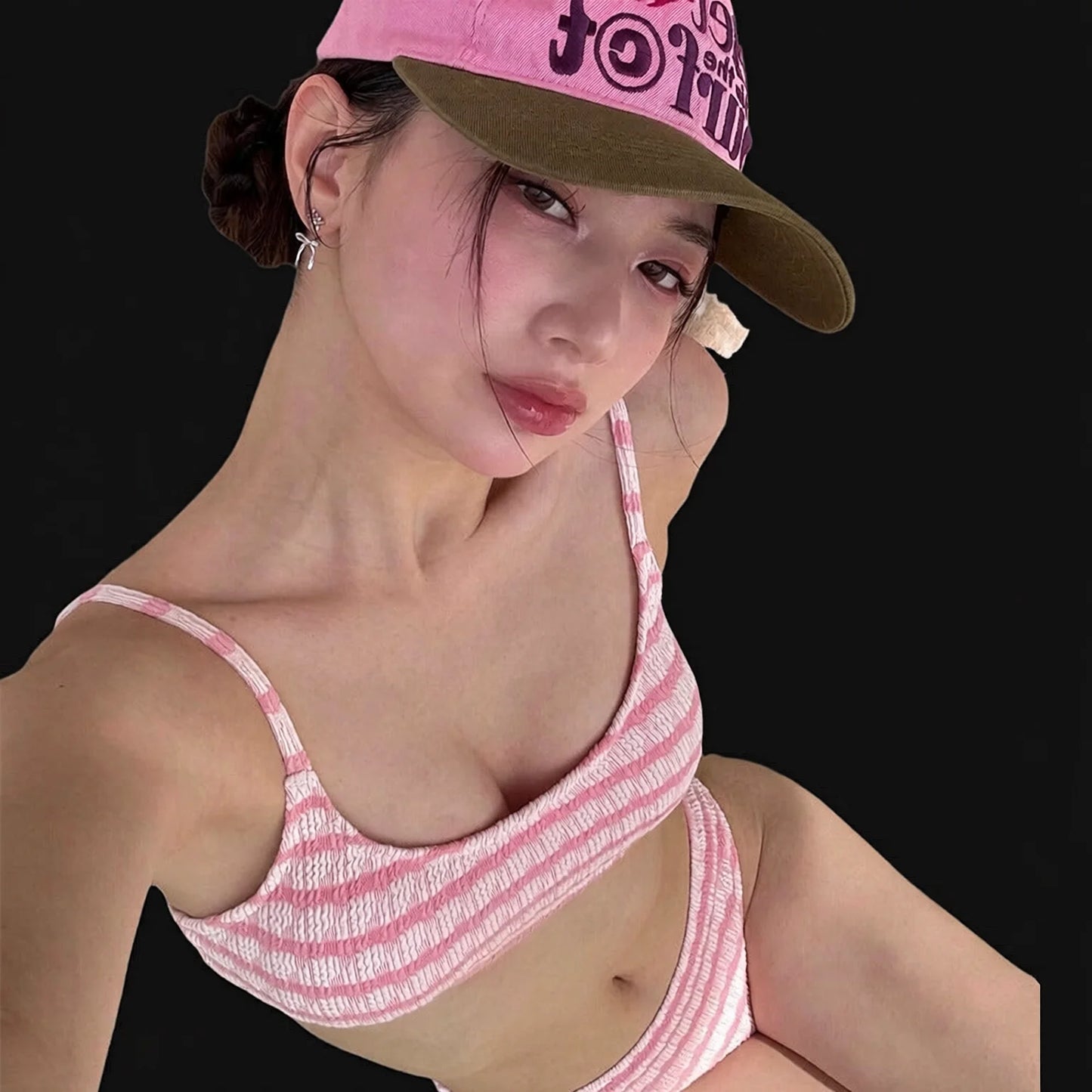 cute korean girl bikini sweet vintage striped shoulder tie top low bust push up two piece swimsuit