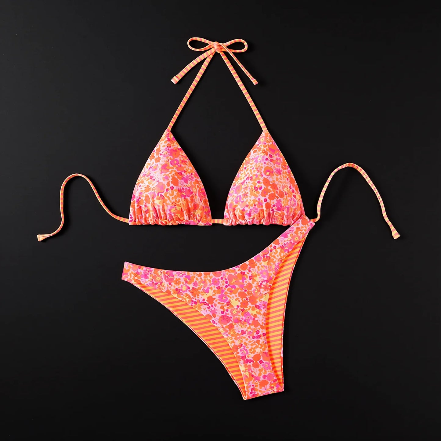 Floral print bikini set with tie front triangle top