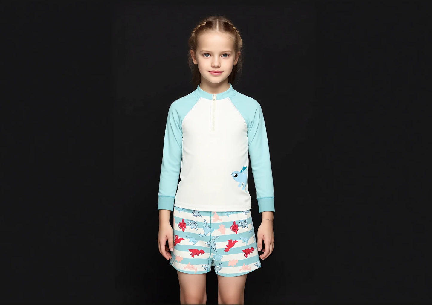 Long Sleeve Two-Piece Rashguard Swim Set Quick Dry Colourblock Shark Kids
