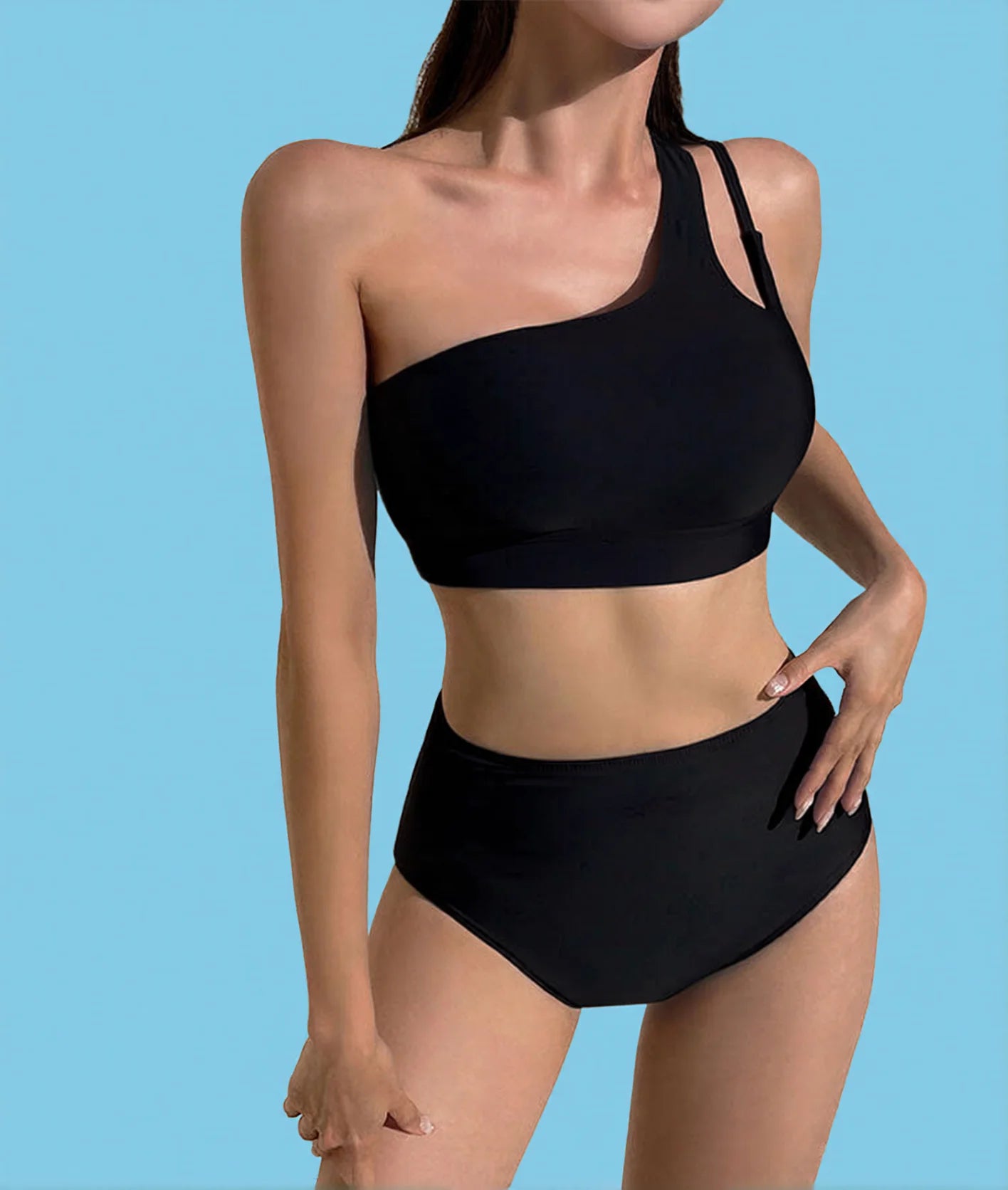One Shoulder Two Piece Swimwear High Waist Slimming Blue Black