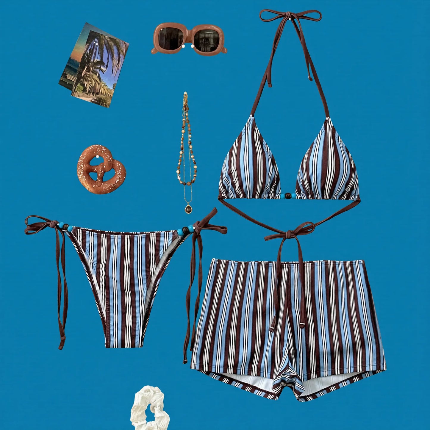 Striped Halter Bikini Set with Tie Strings