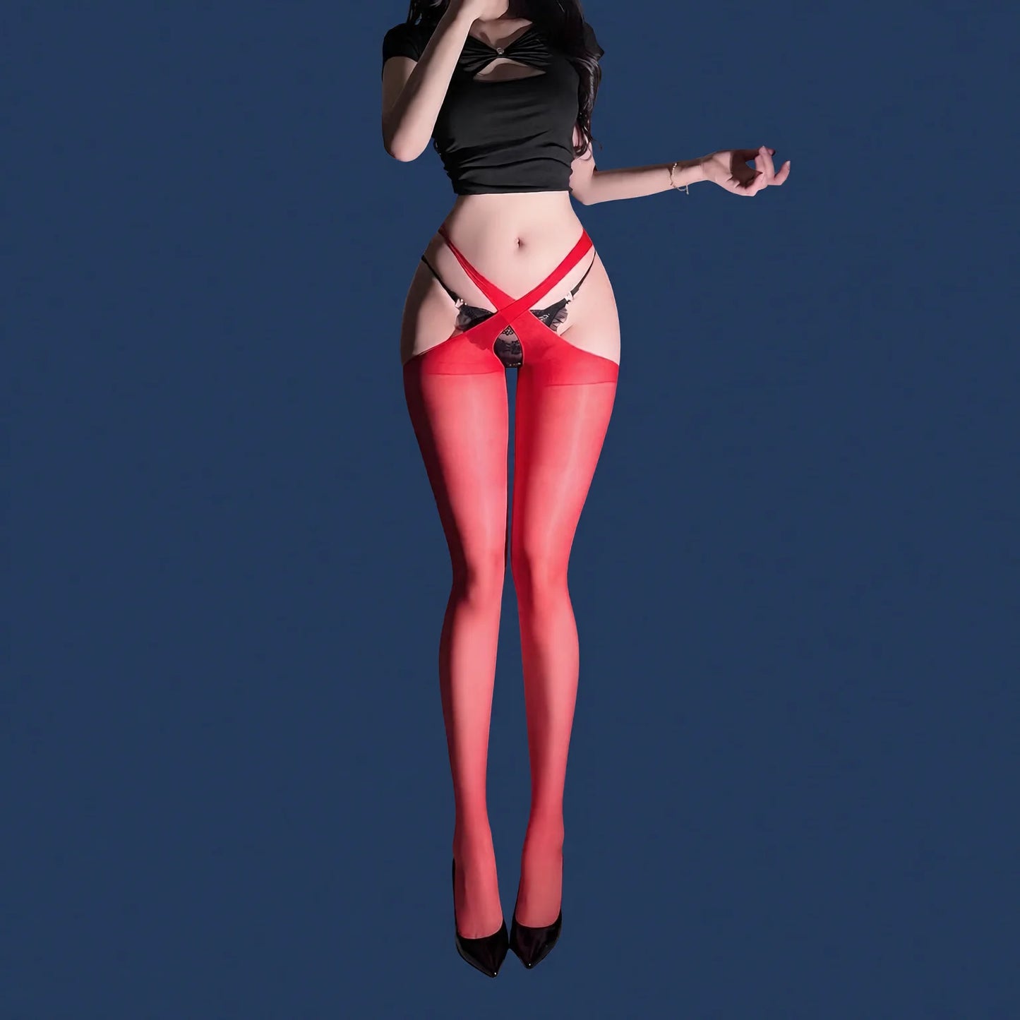 sheer garter stockings with adjustable straps, seductive open crotch design