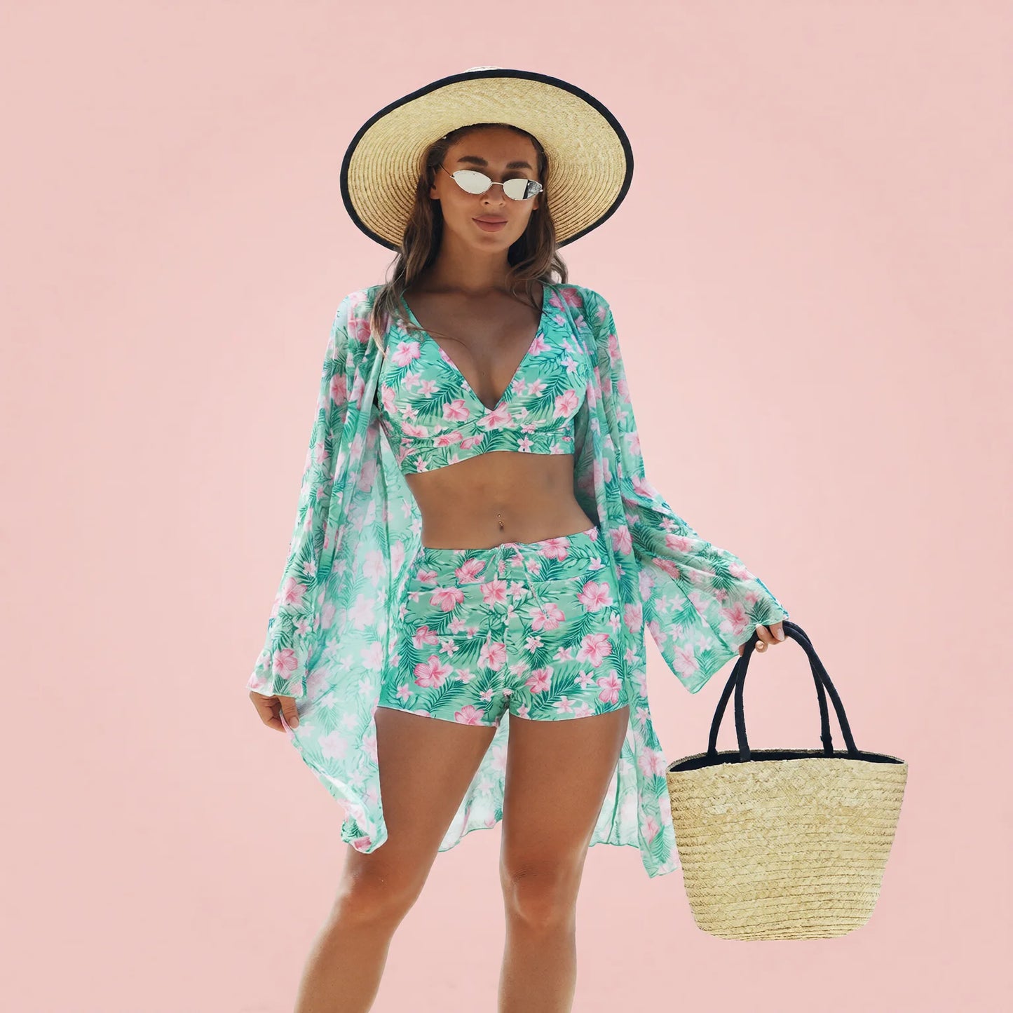 Sheer Floral Bikini Three Piece Set High Neck Swimwear