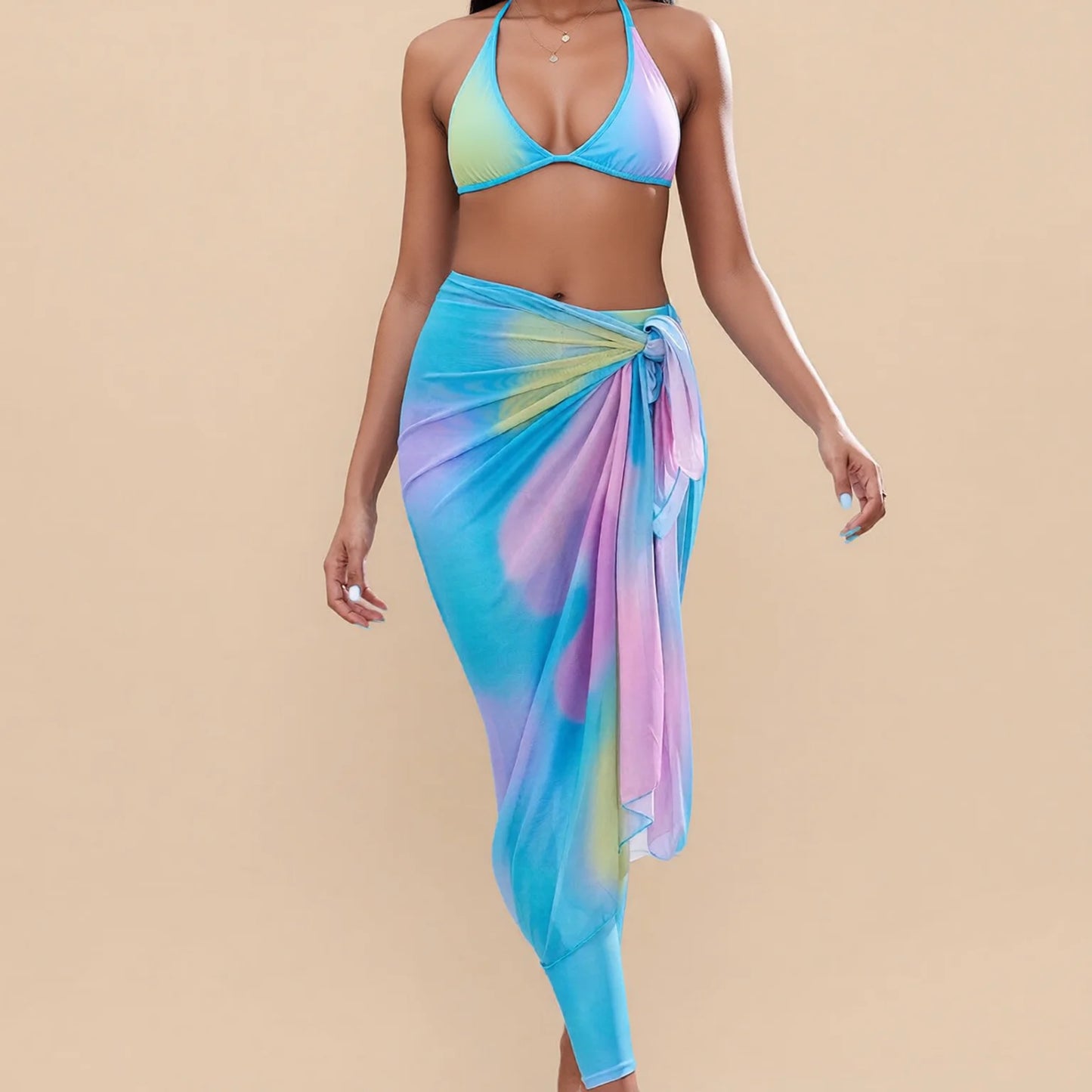 rainbow print long sleeve modest swim dress set with headscarf